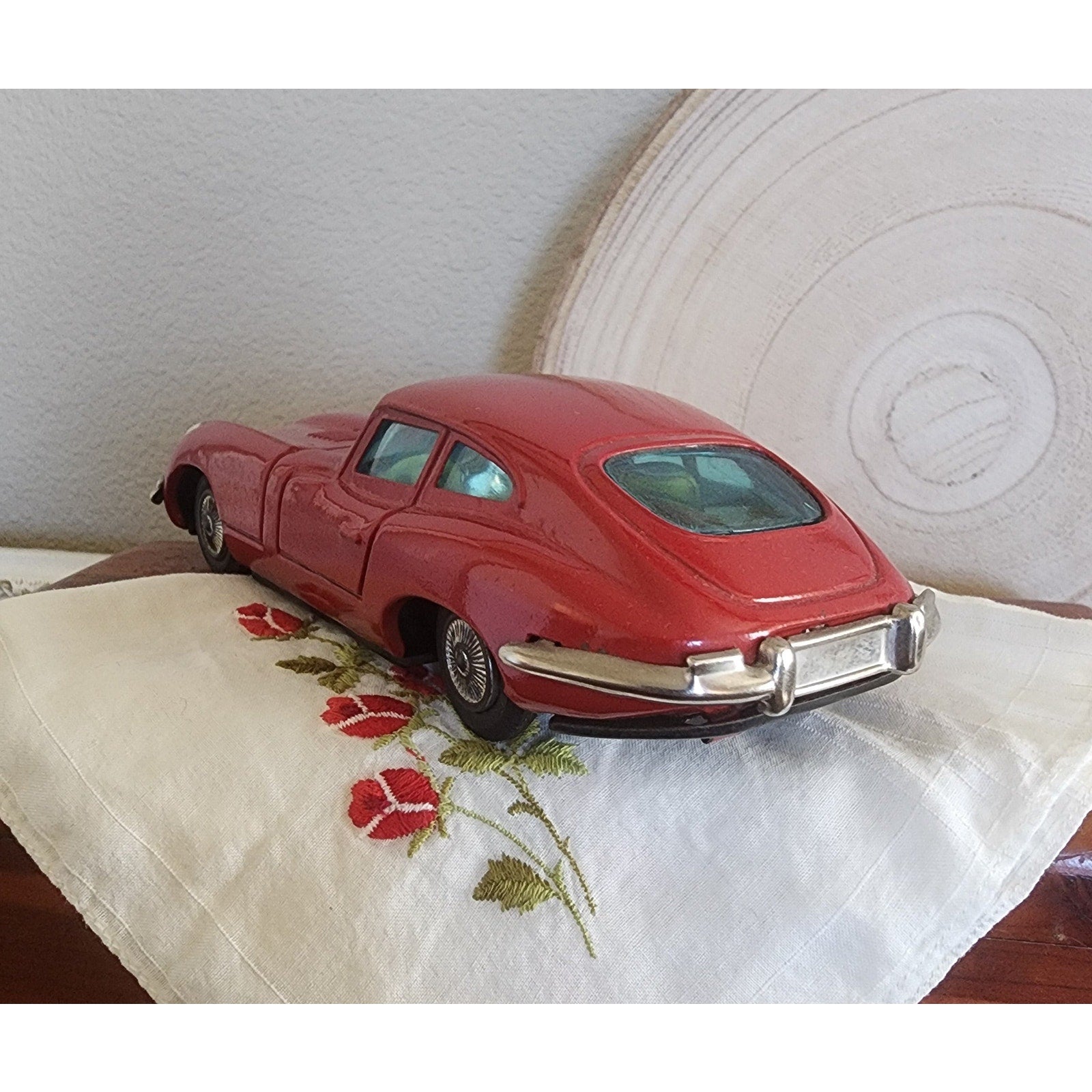 1960s Bandai Tin Friction Jaguar XKE – Red, 7", Vintage Toy Car