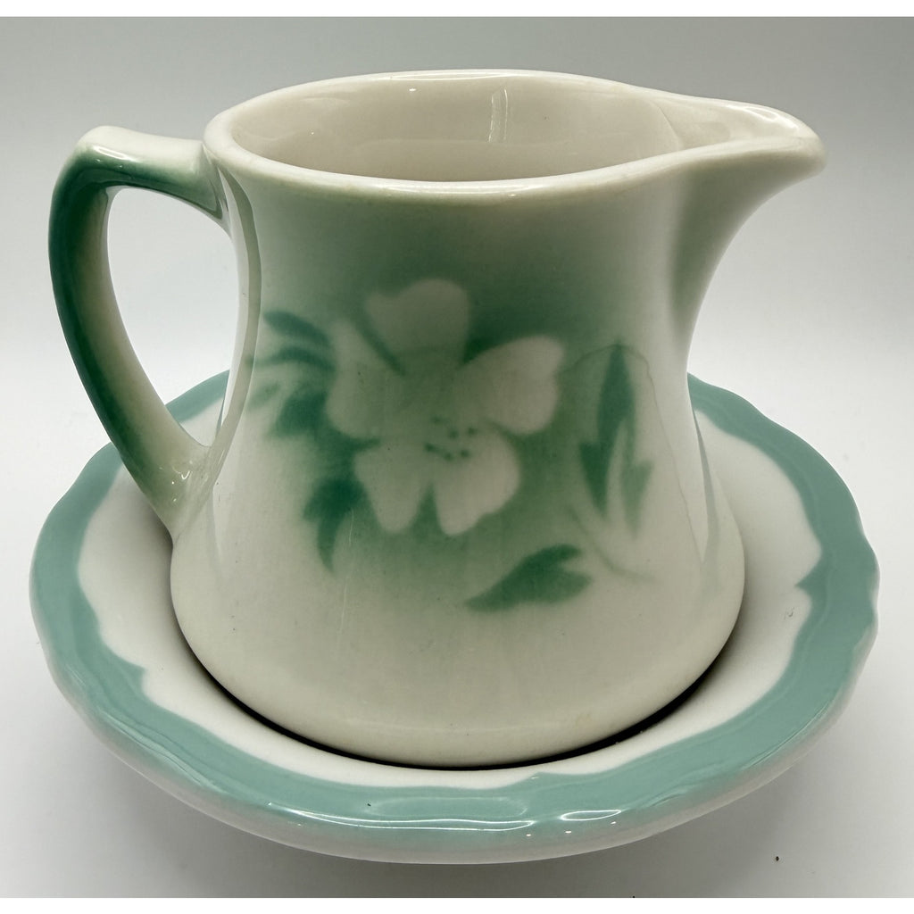 Vintage Syracuse China Millbrook Creamer / Saucer set Green Floral 1940s