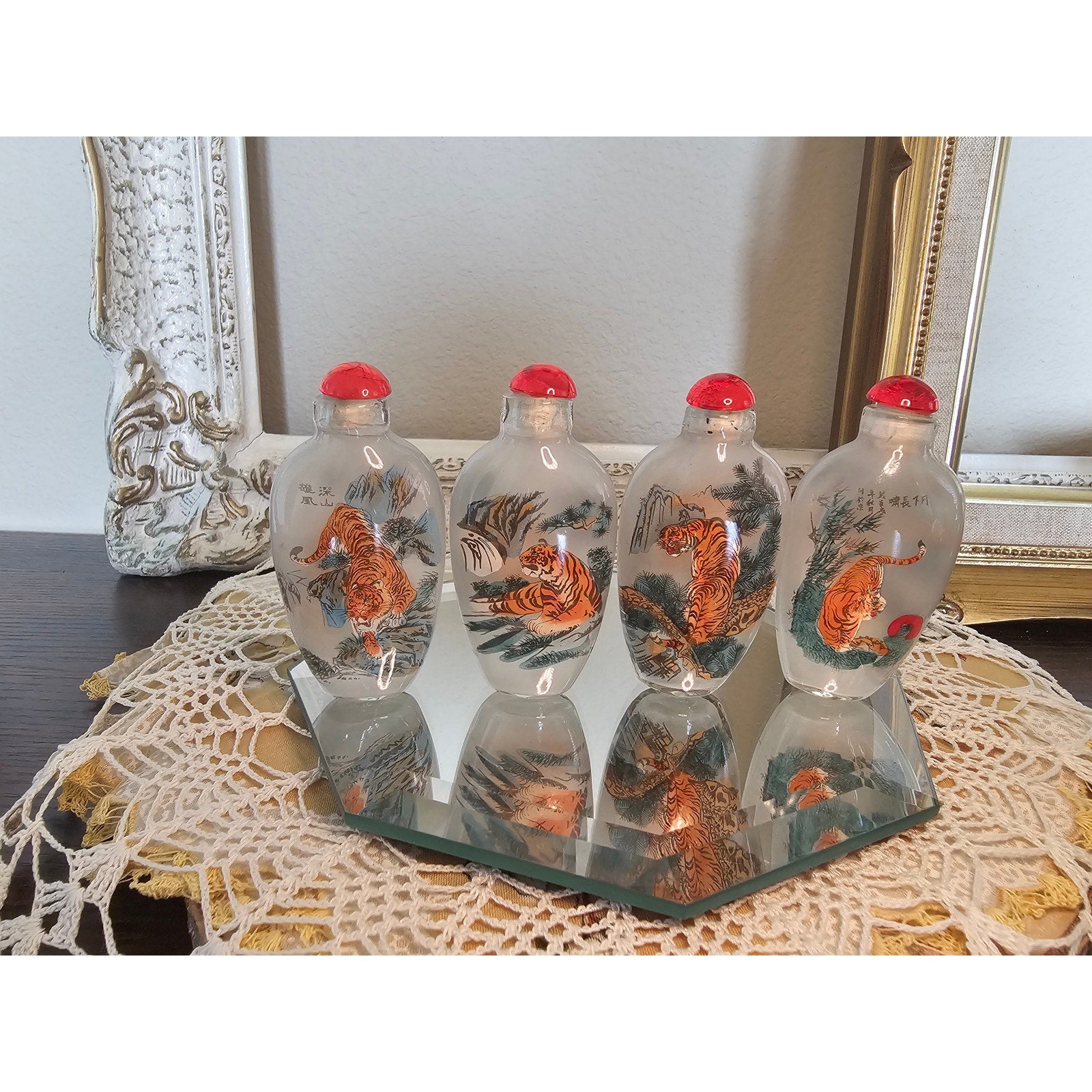 Vintage Chinese Inside-Painted Glass Snuff Bottles – Tiger Theme, Set of 4 with Box