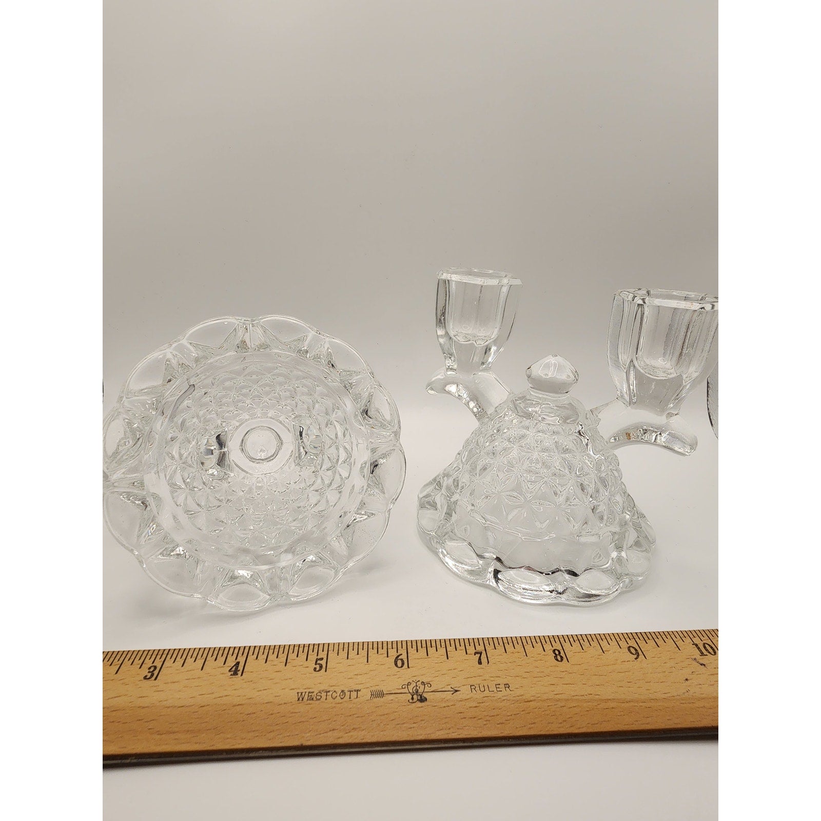 VTG Imperial Glass-Ohio Double Candlestick Holder Clear Pressed Glass Laced Edge