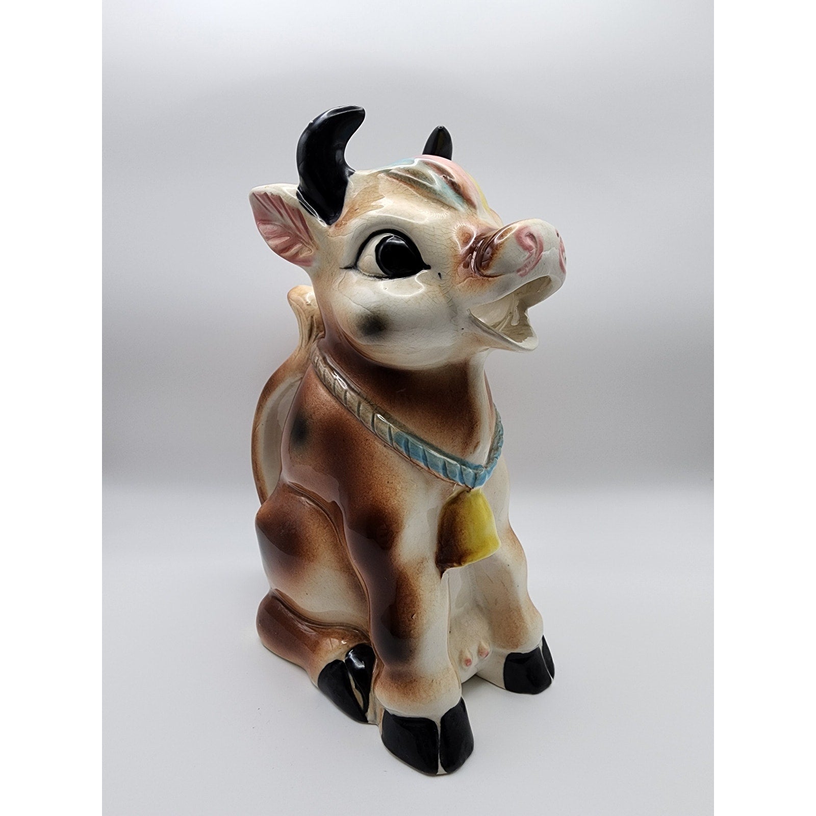 Vintage Hand Painted Anthropomorphic Ceramic "Brown Cow" Pitcher 1950s