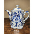 Vintage Andrea by Sadek Blue / White Ceramic Teapot w/ Lotus Floral Pattern