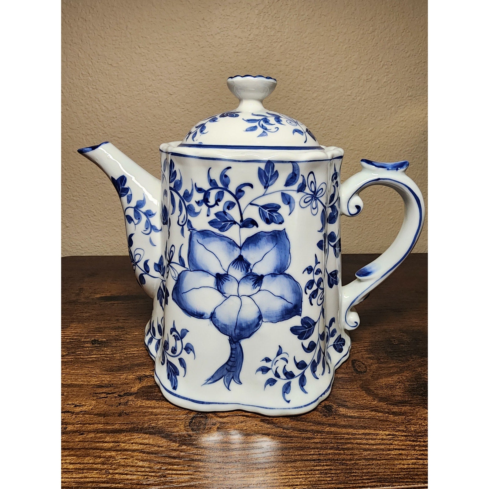 Vintage Andrea by Sadek Blue / White Ceramic Teapot w/ Lotus Floral Pattern