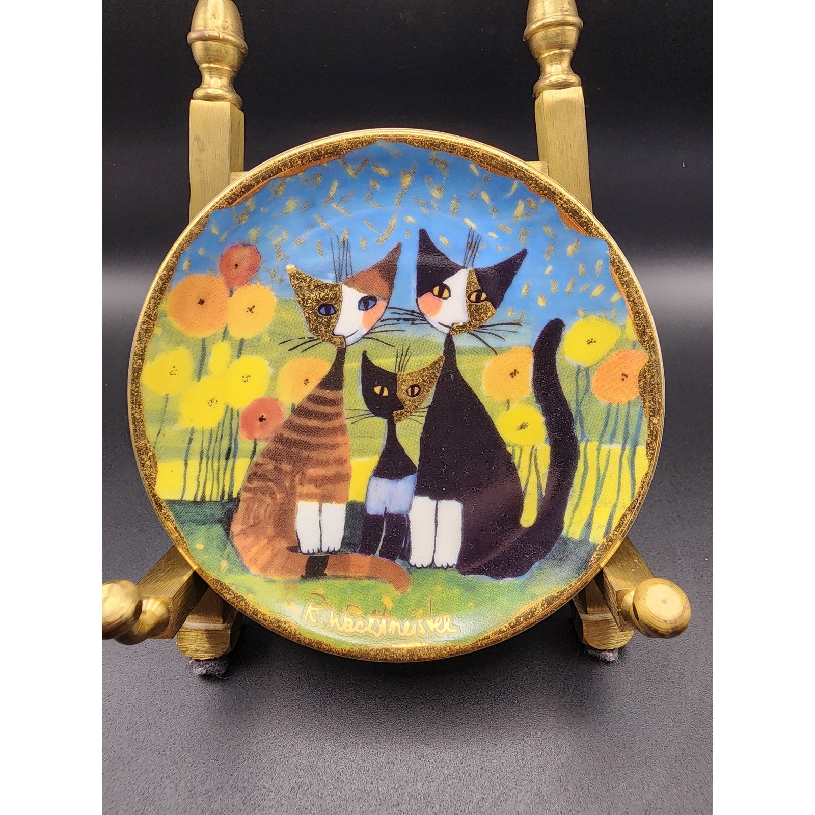 Goebel Miniature Signed Plate R Wachtmeister "Cat Family" Floral Trinket Dish 4"