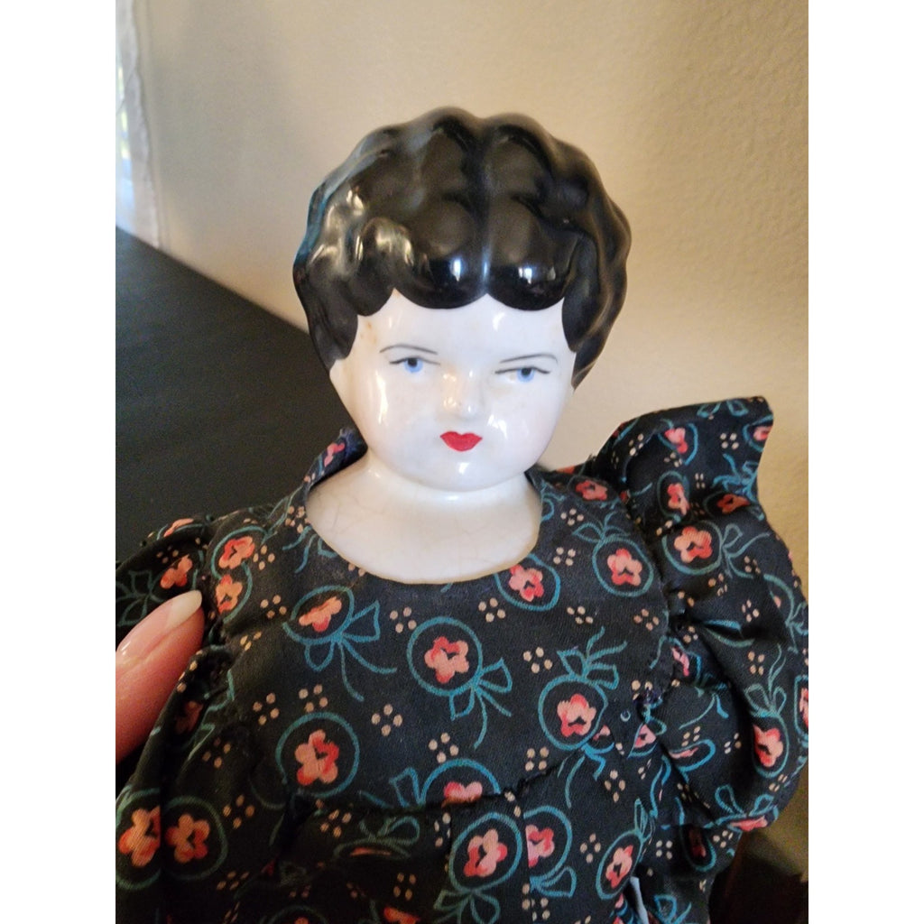 Vintage Glazed Porcelain China Head Doll -15” Black Hair w/ Dress