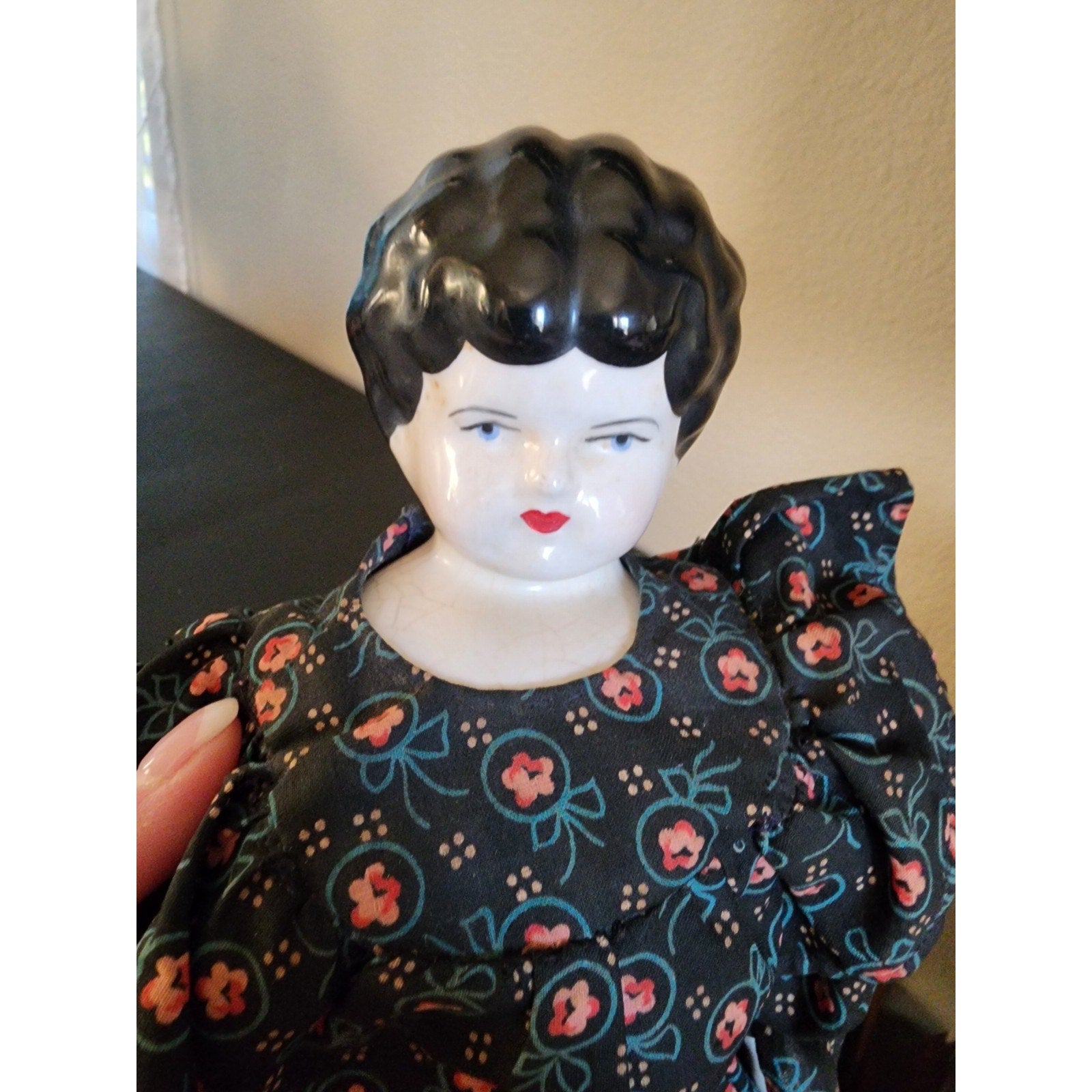 Vintage Glazed Porcelain China Head Doll -15” Black Hair w/ Dress