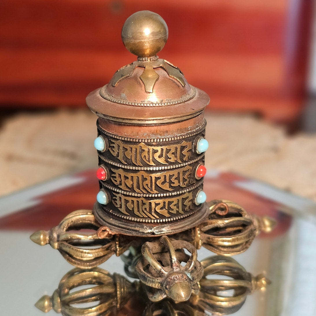 Vintage Tibetan Buddhist Prayer Wheel - Copper / Brass / Embedded Stones
