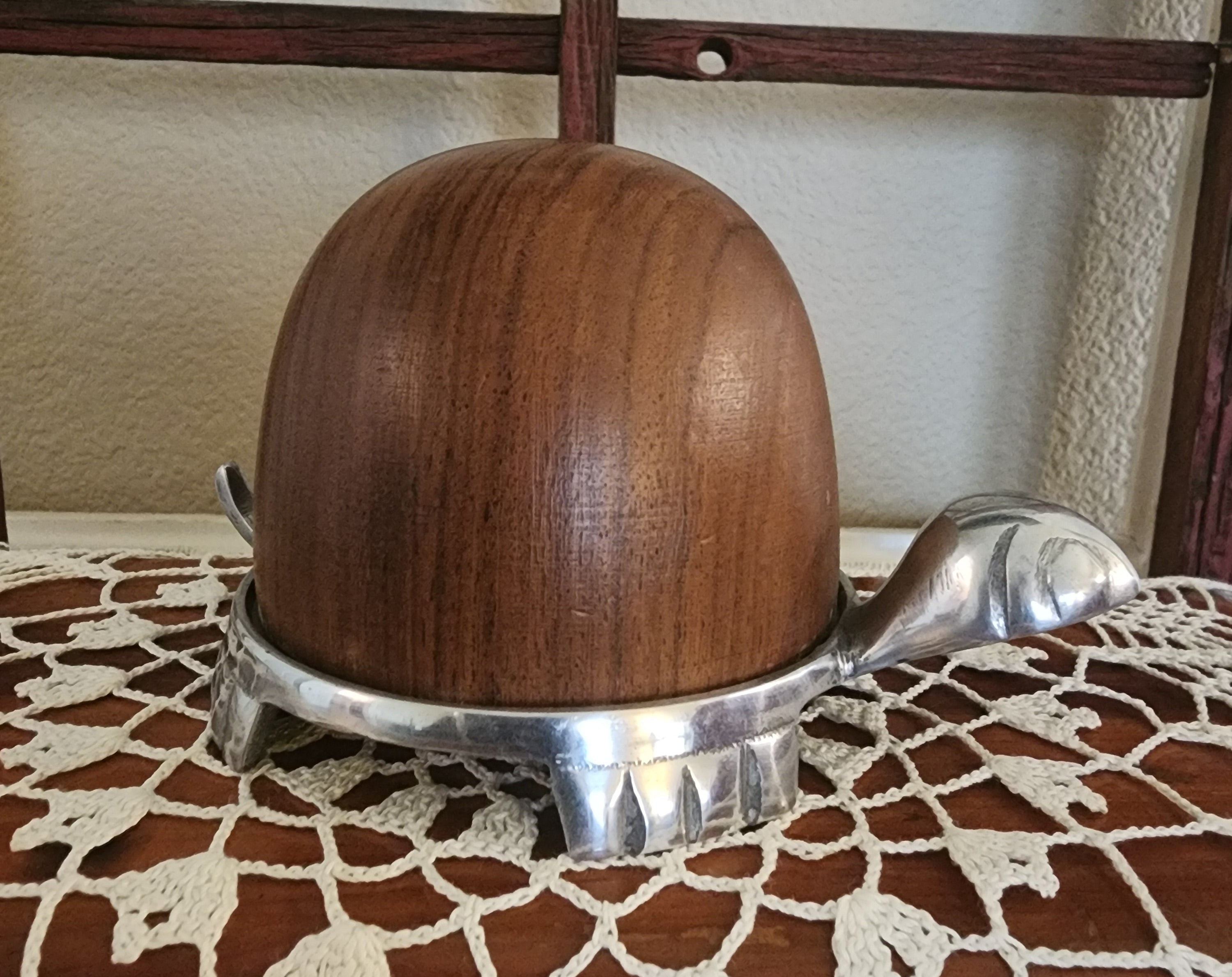 Mid-Century Modern Teak & Chrome Turtle Figurine – Desk Decor