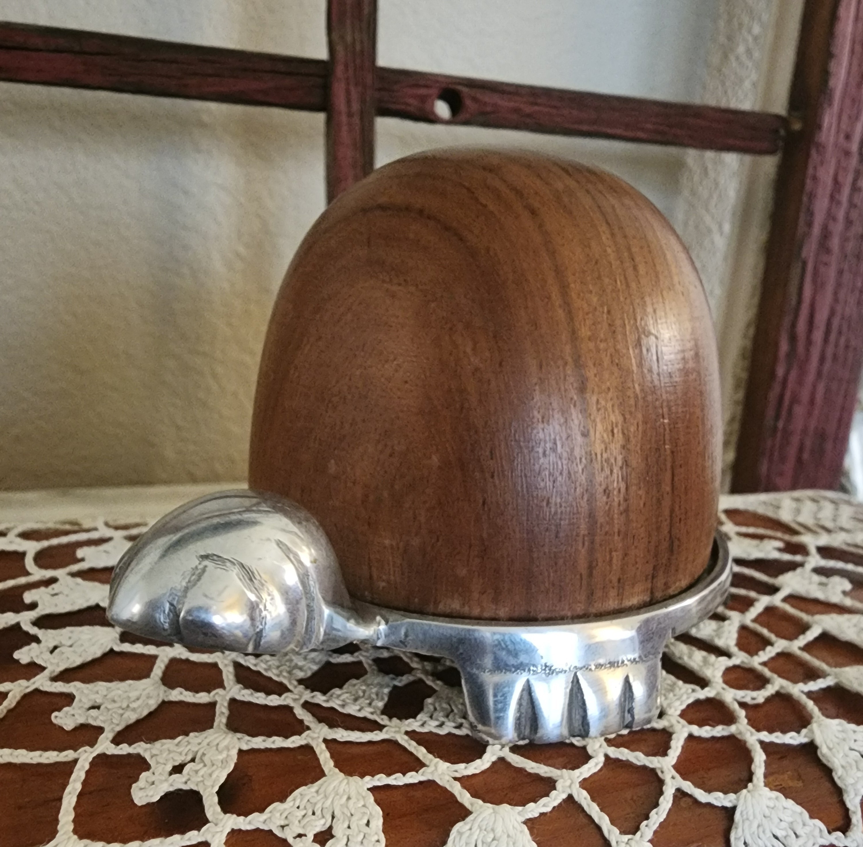 Mid-Century Modern Teak & Chrome Turtle Figurine – Desk Decor