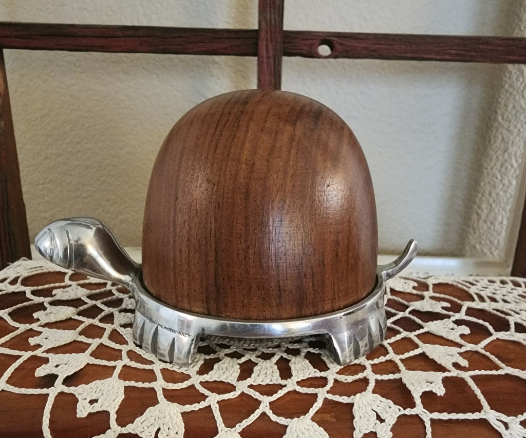 Mid-Century Modern Teak & Chrome Turtle Figurine – Desk Decor