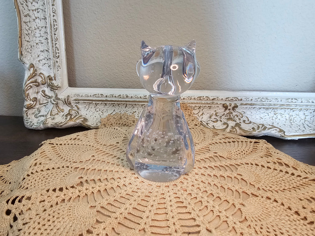 Vintage MCM Art Glass Owl Figurine Controlled Bubble Paperweight