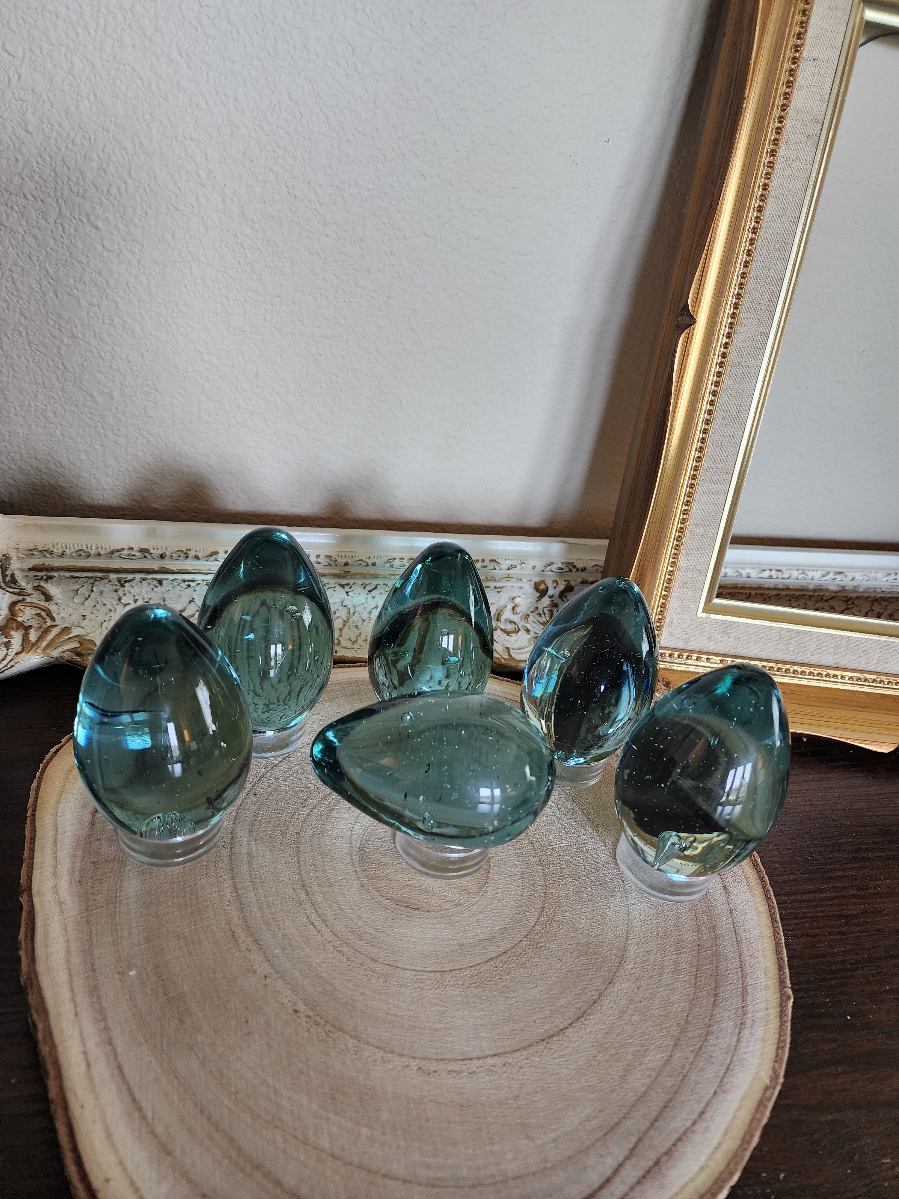 Vintage Hand-Blown Glass Eggs – Blue with Bubbles, Set of 6