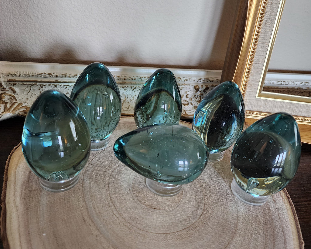 Vintage Hand-Blown Glass Eggs – Blue with Bubbles, Set of 6