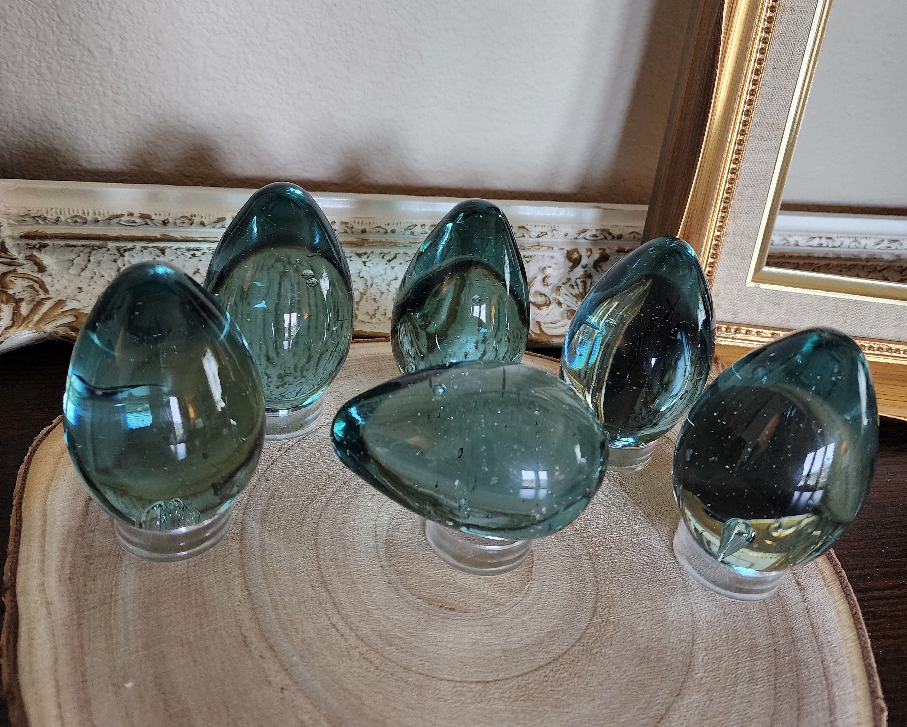 Vintage Hand-Blown Glass Eggs – Blue with Bubbles, Set of 6