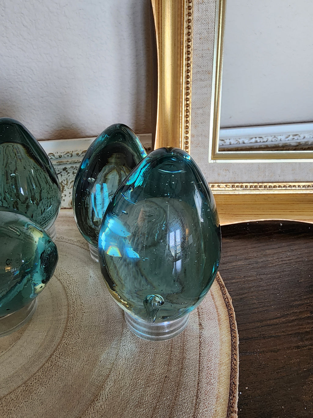 Vintage Hand-Blown Glass Eggs – Blue with Bubbles, Set of 6