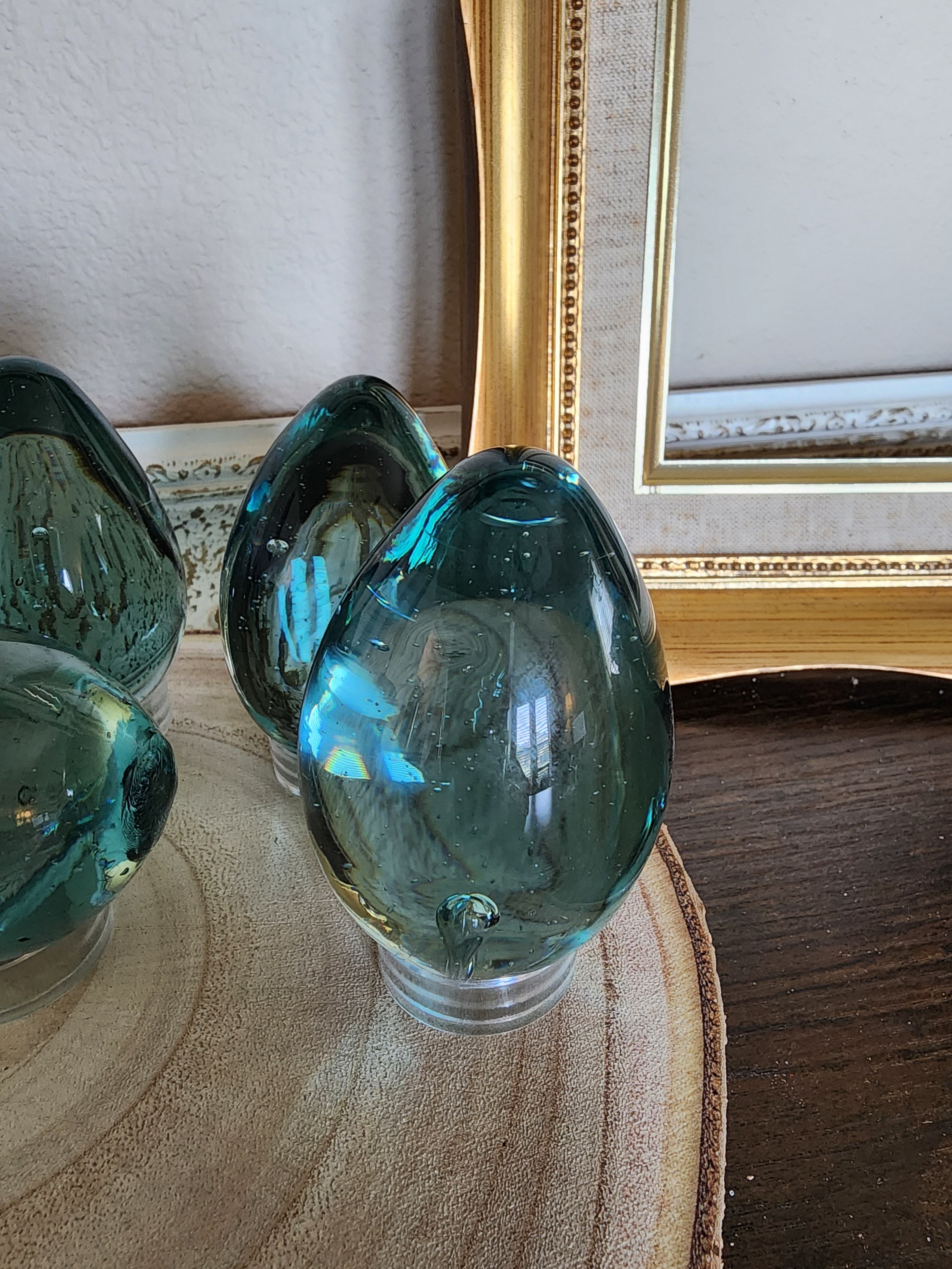Vintage Hand-Blown Glass Eggs – Blue with Bubbles, Set of 6
