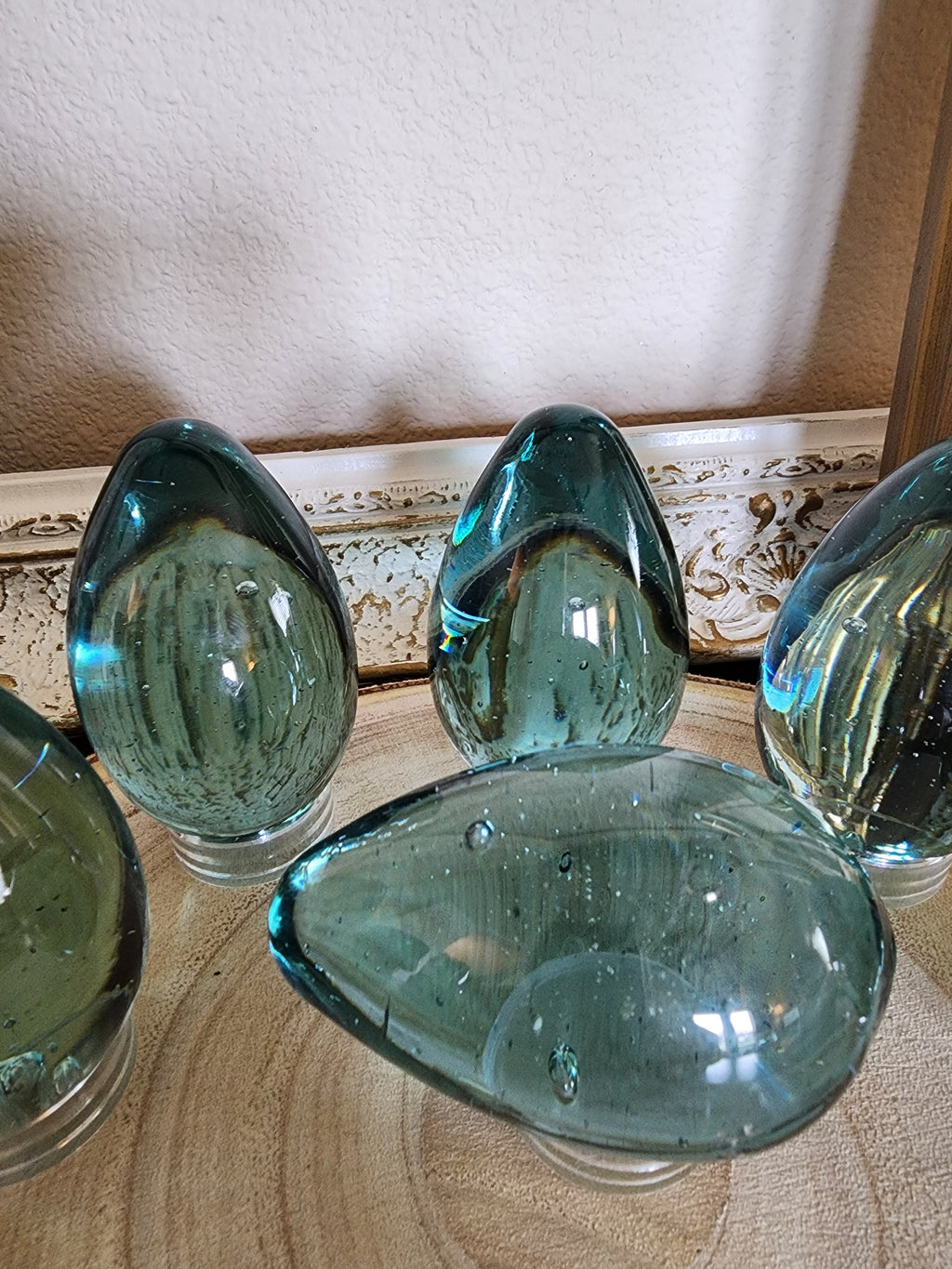 Vintage Hand-Blown Glass Eggs – Blue with Bubbles, Set of 6