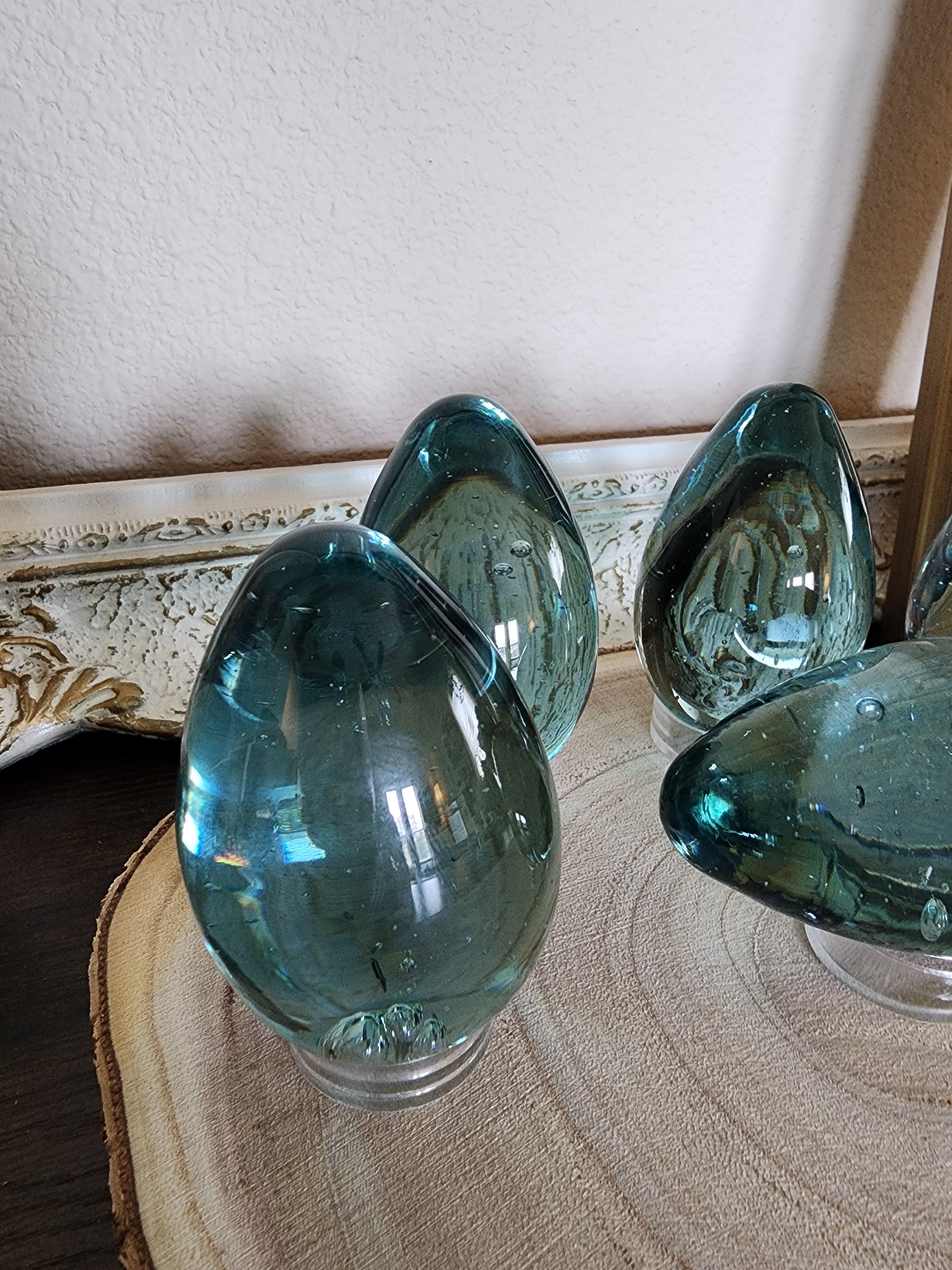 Vintage Hand-Blown Glass Eggs – Blue with Bubbles, Set of 6