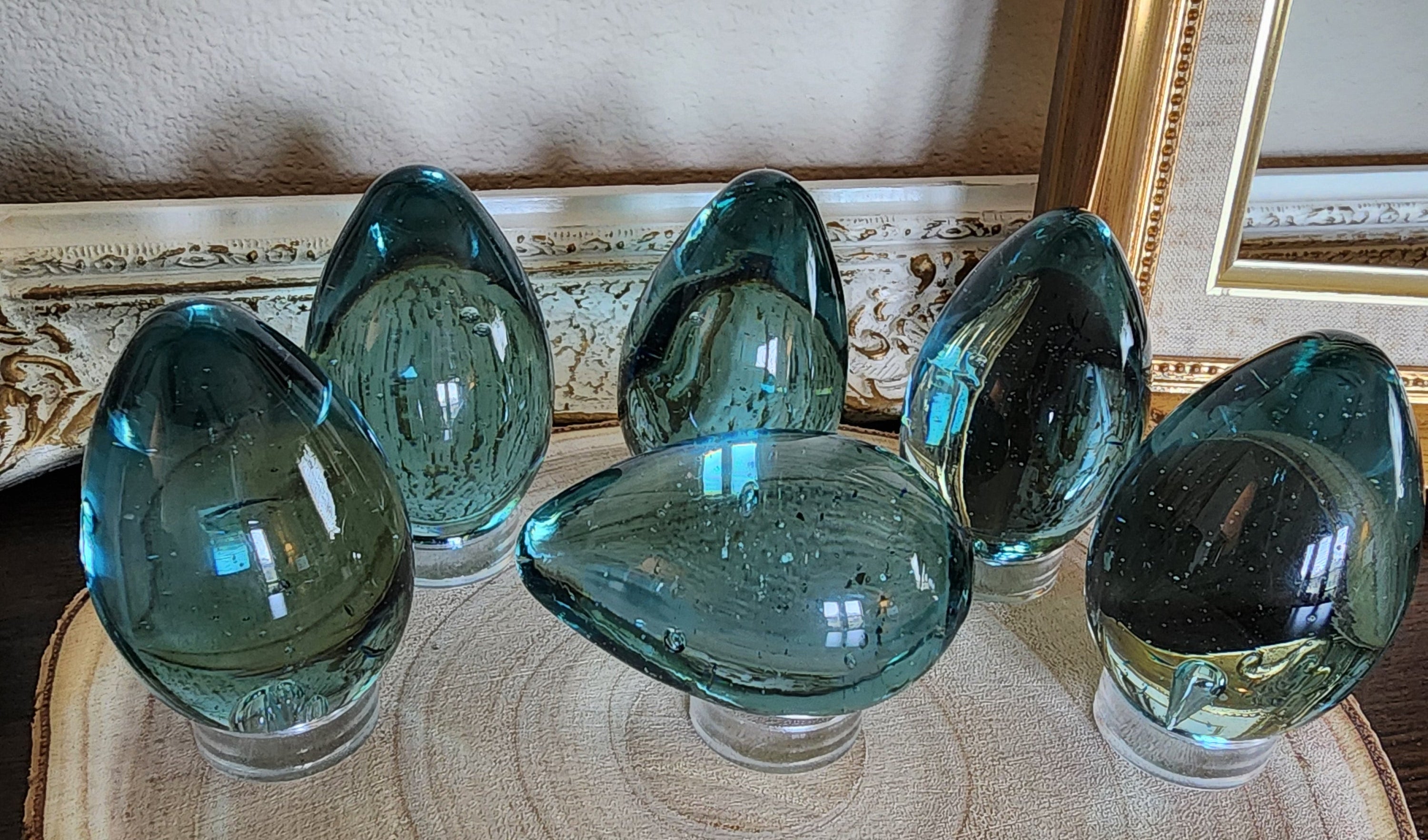 Vintage Hand-Blown Glass Eggs – Blue with Bubbles, Set of 6