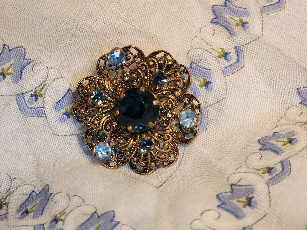 Vintage Czech Gold-Tone Filigree Brooch with Blue Rhinestones