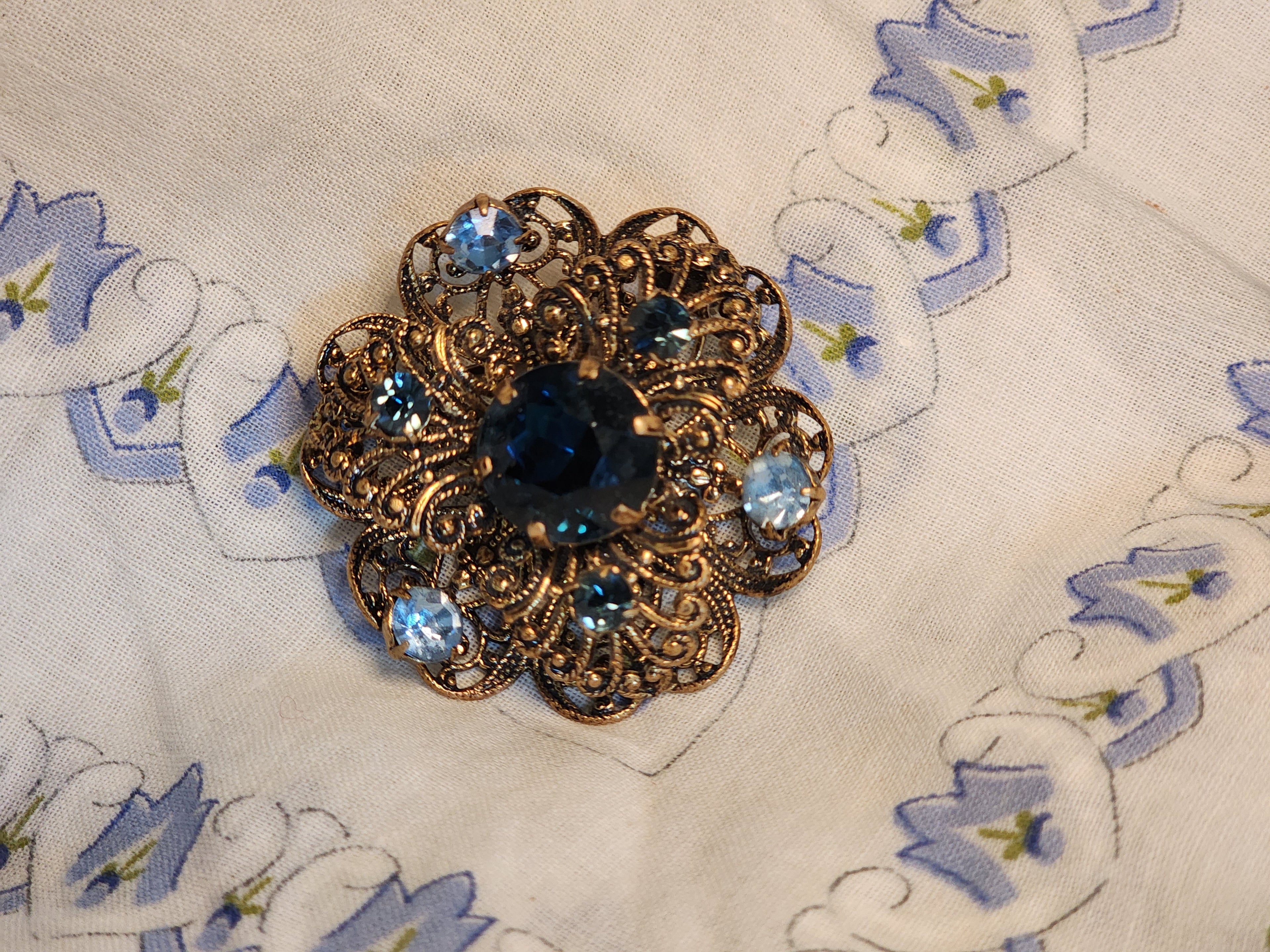 Vintage Czech Gold-Tone Filigree Brooch with Blue Rhinestones