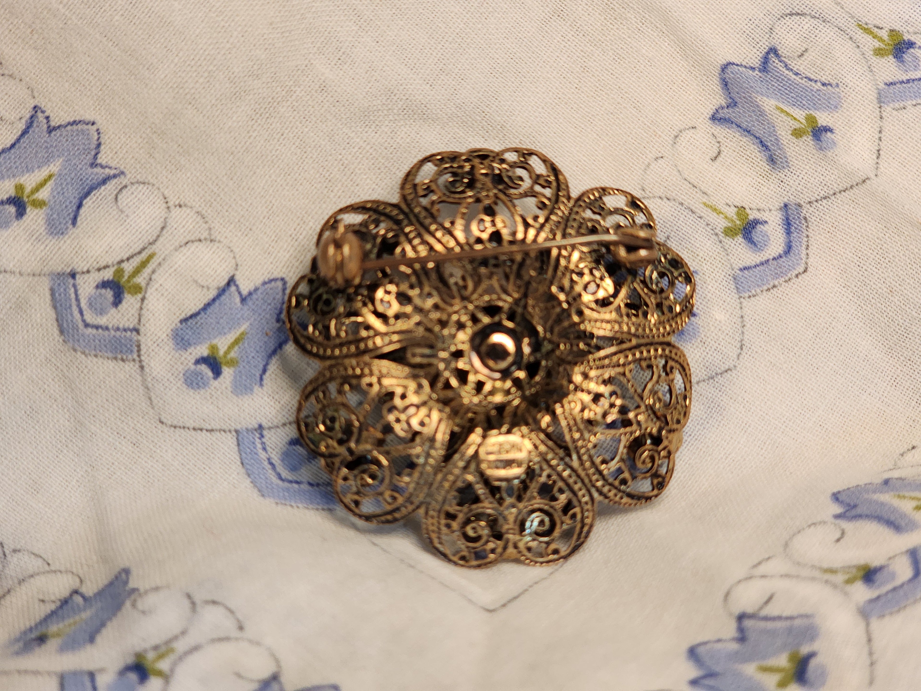 Vintage Czech Gold-Tone Filigree Brooch with Blue Rhinestones