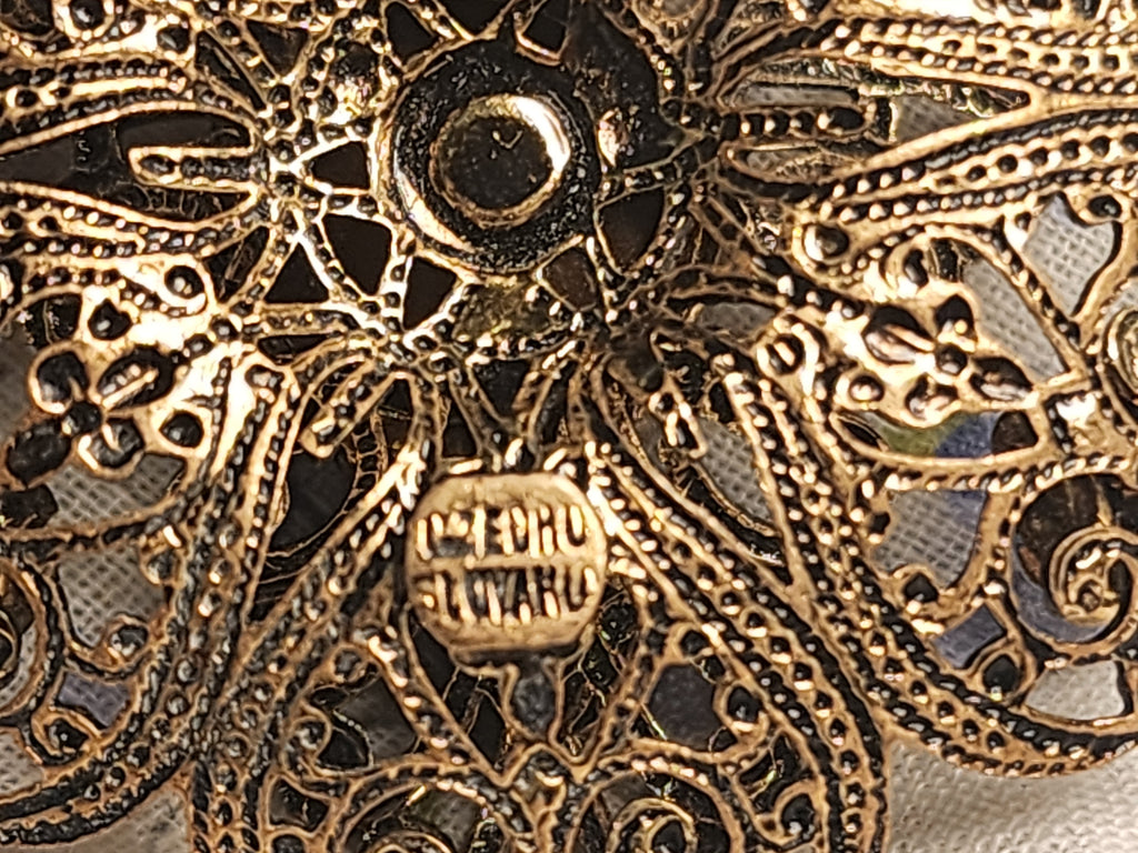 Vintage Czech Gold-Tone Filigree Brooch with Blue Rhinestones