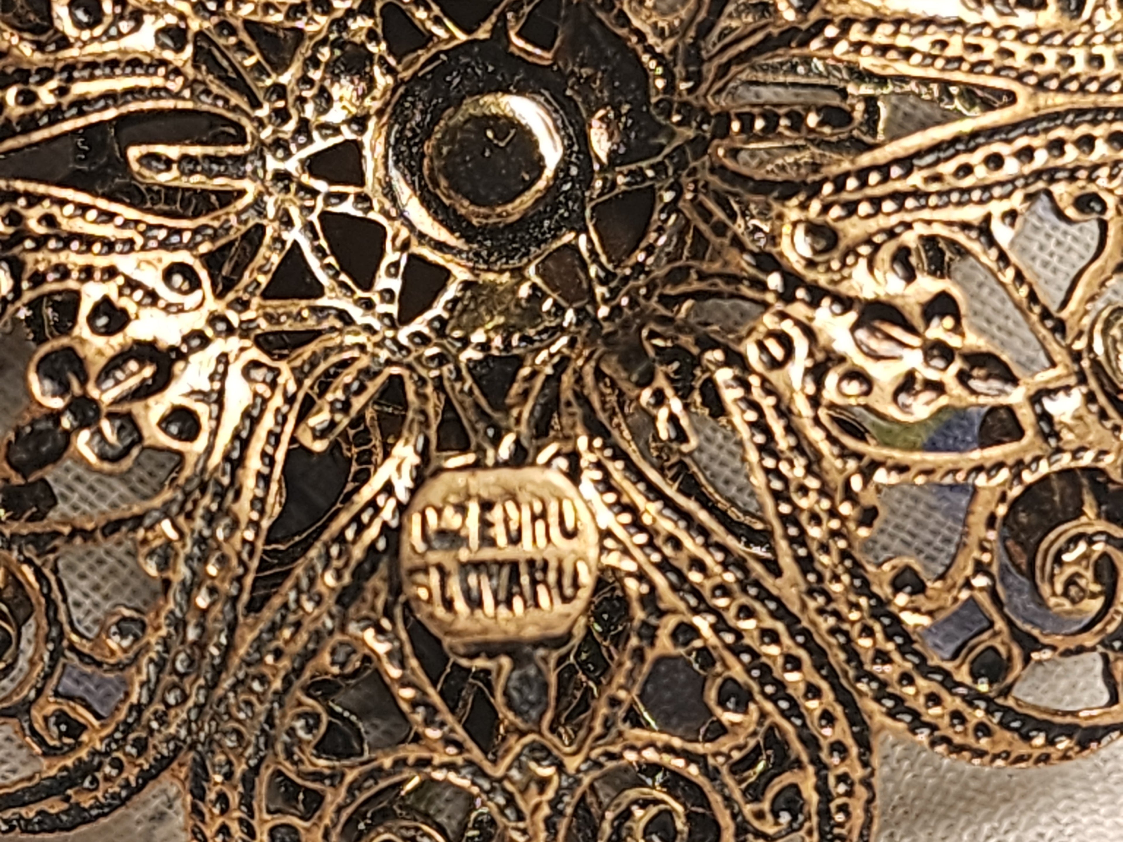 Vintage Czech Gold-Tone Filigree Brooch with Blue Rhinestones