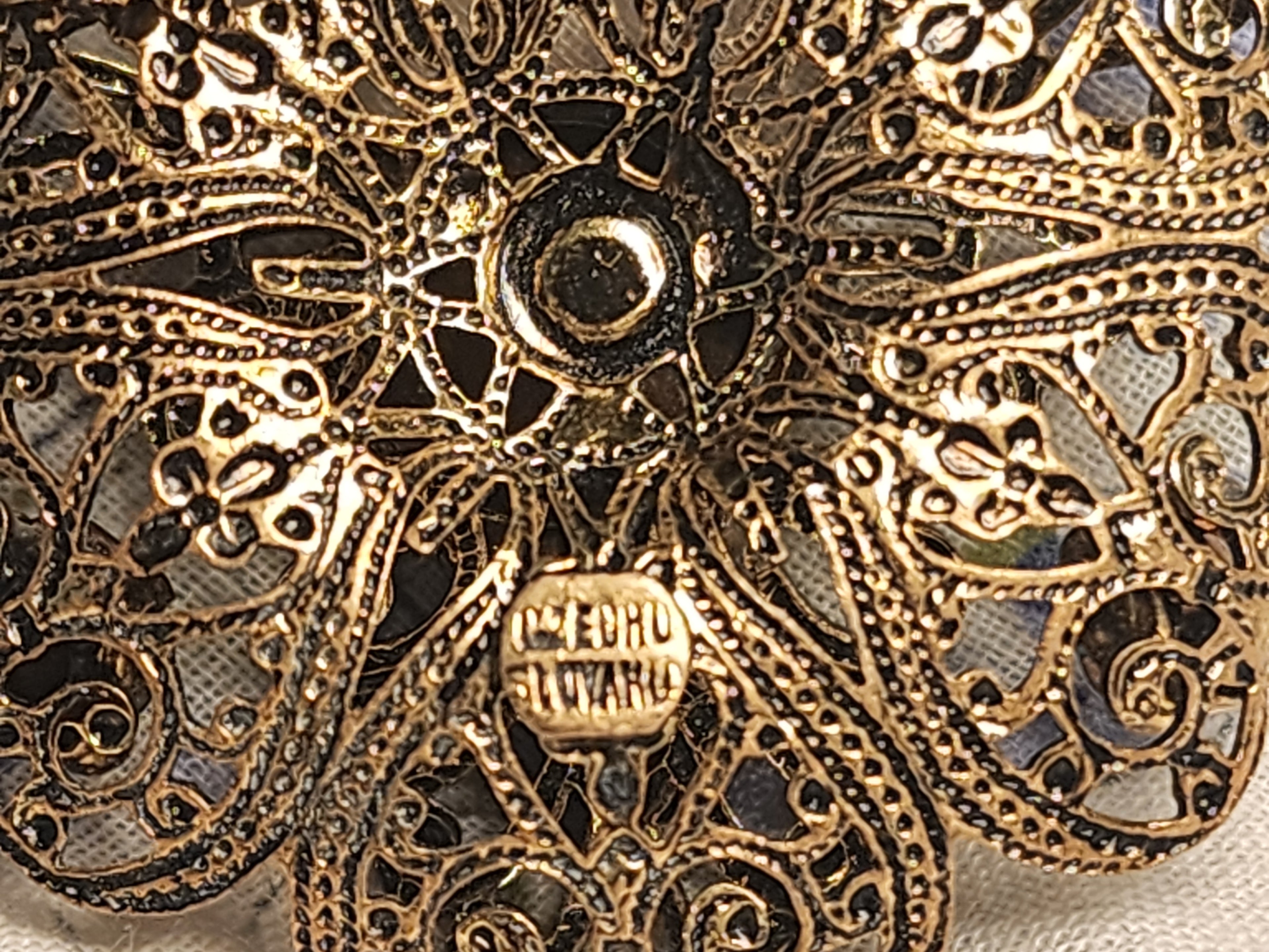 Vintage Czech Gold-Tone Filigree Brooch with Blue Rhinestones