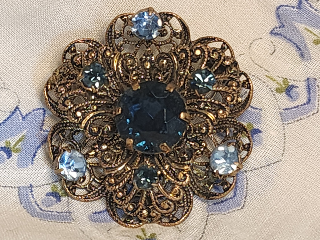 Vintage Czech Gold-Tone Filigree Brooch with Blue Rhinestones