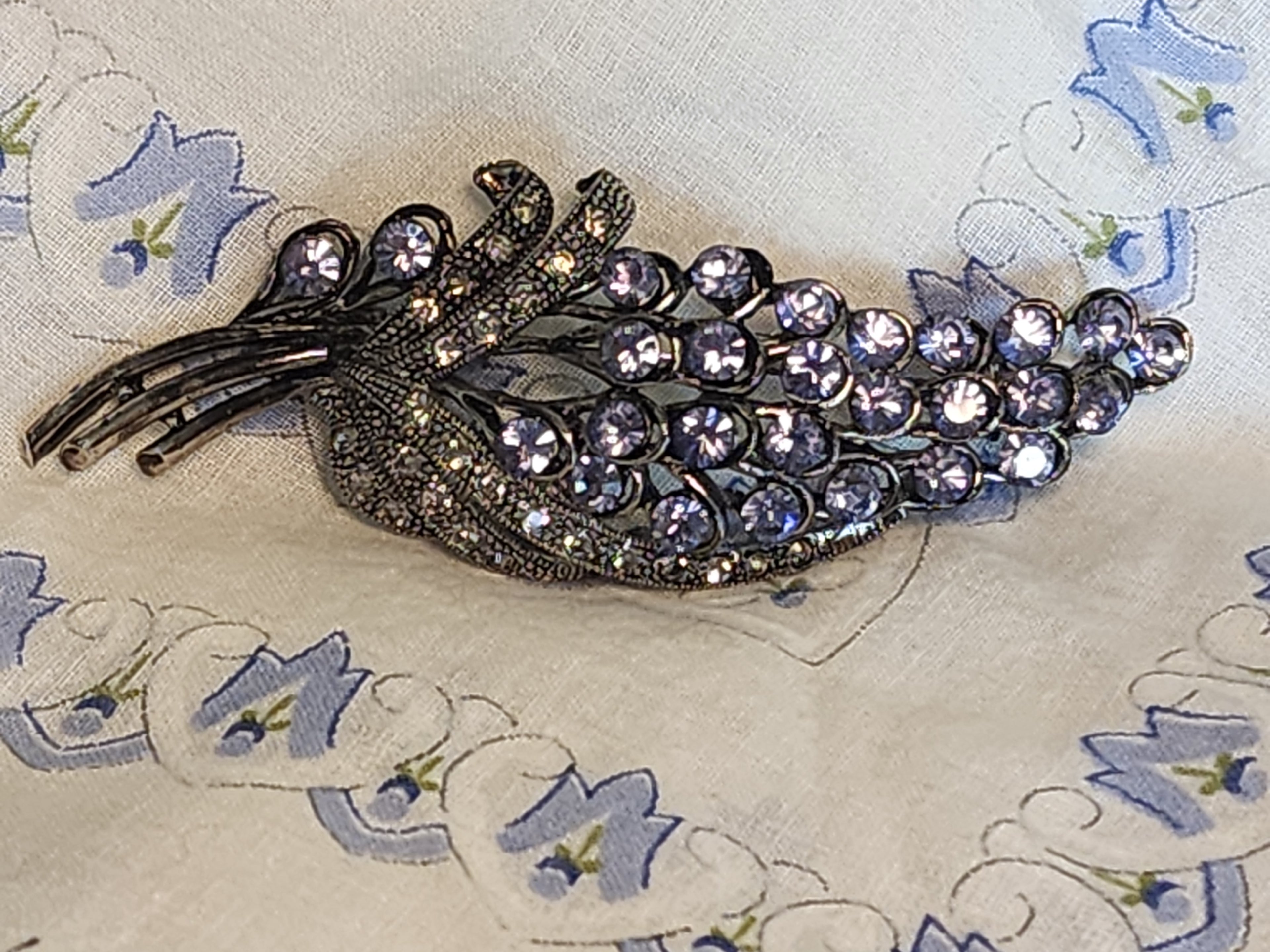 Vintage-Style Floral Brooch with Lavender Stones & Marcasite Finish