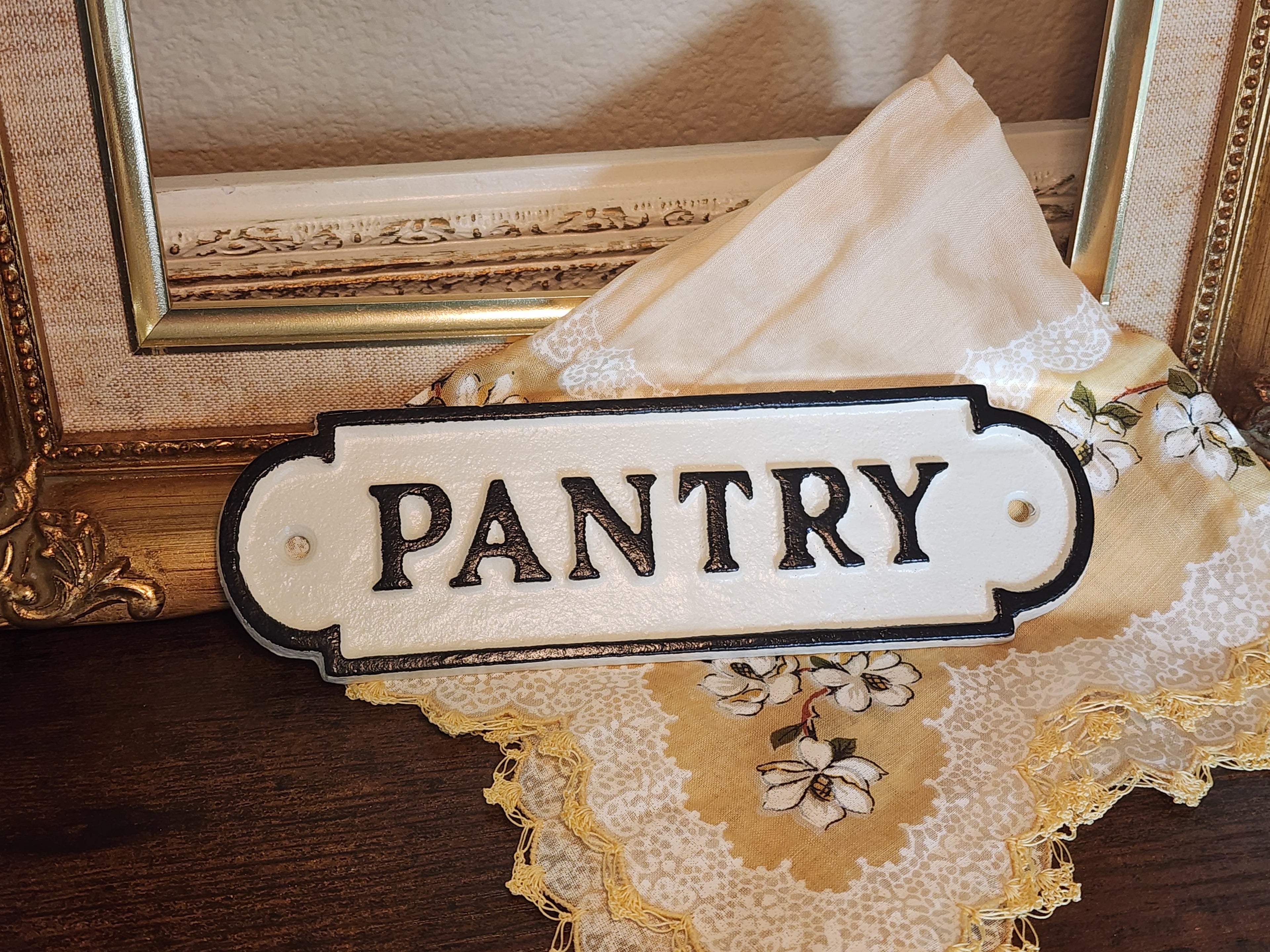 Cast Iron Pantry Wall Plaque – Vintage Inspired, White with Black Letters
