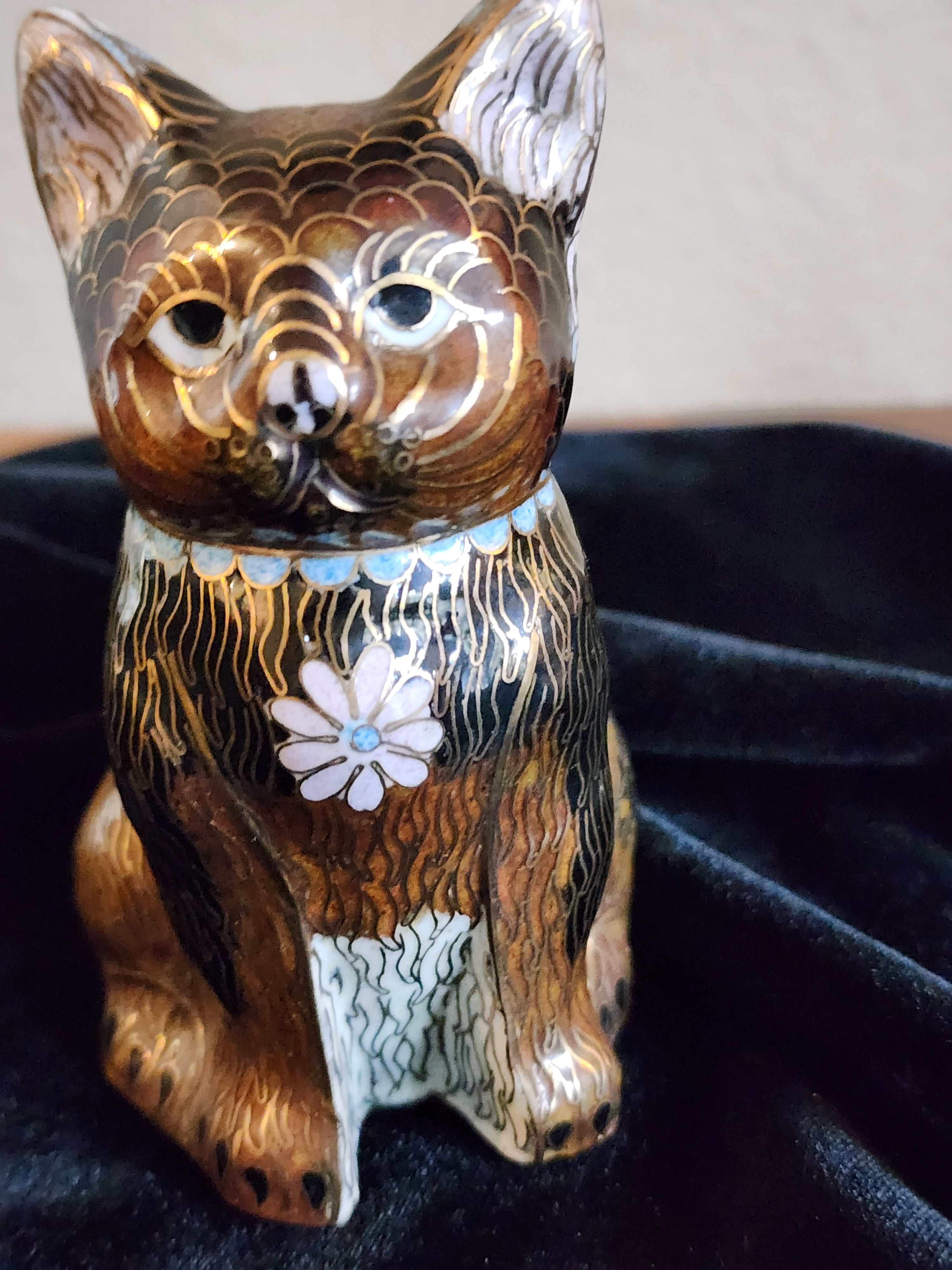 Vintage Chinese Cloisonne Cat Figurine 1970s Black / Brown / Gold