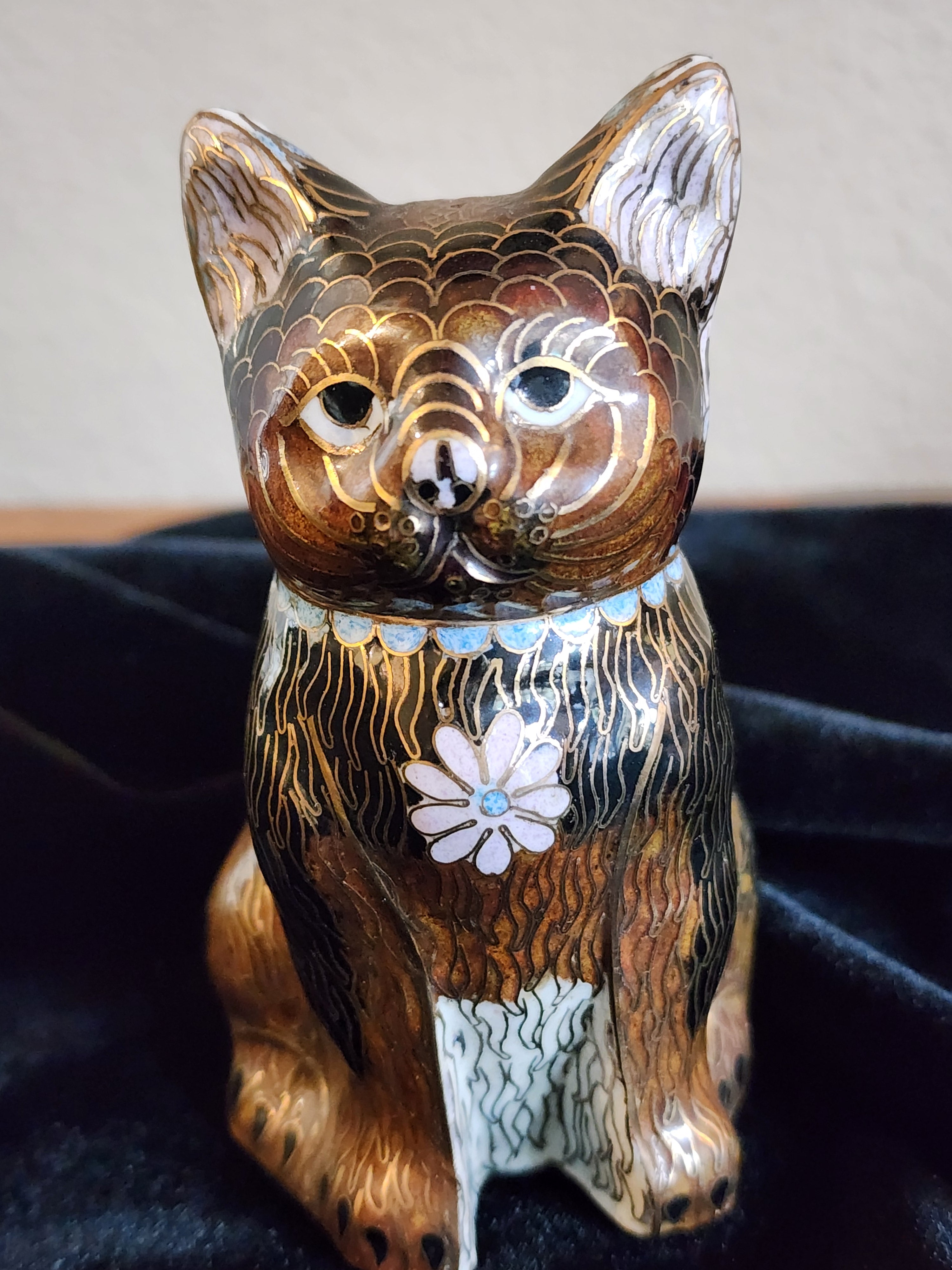 Vintage Chinese Cloisonne Cat Figurine 1970s Black / Brown / Gold