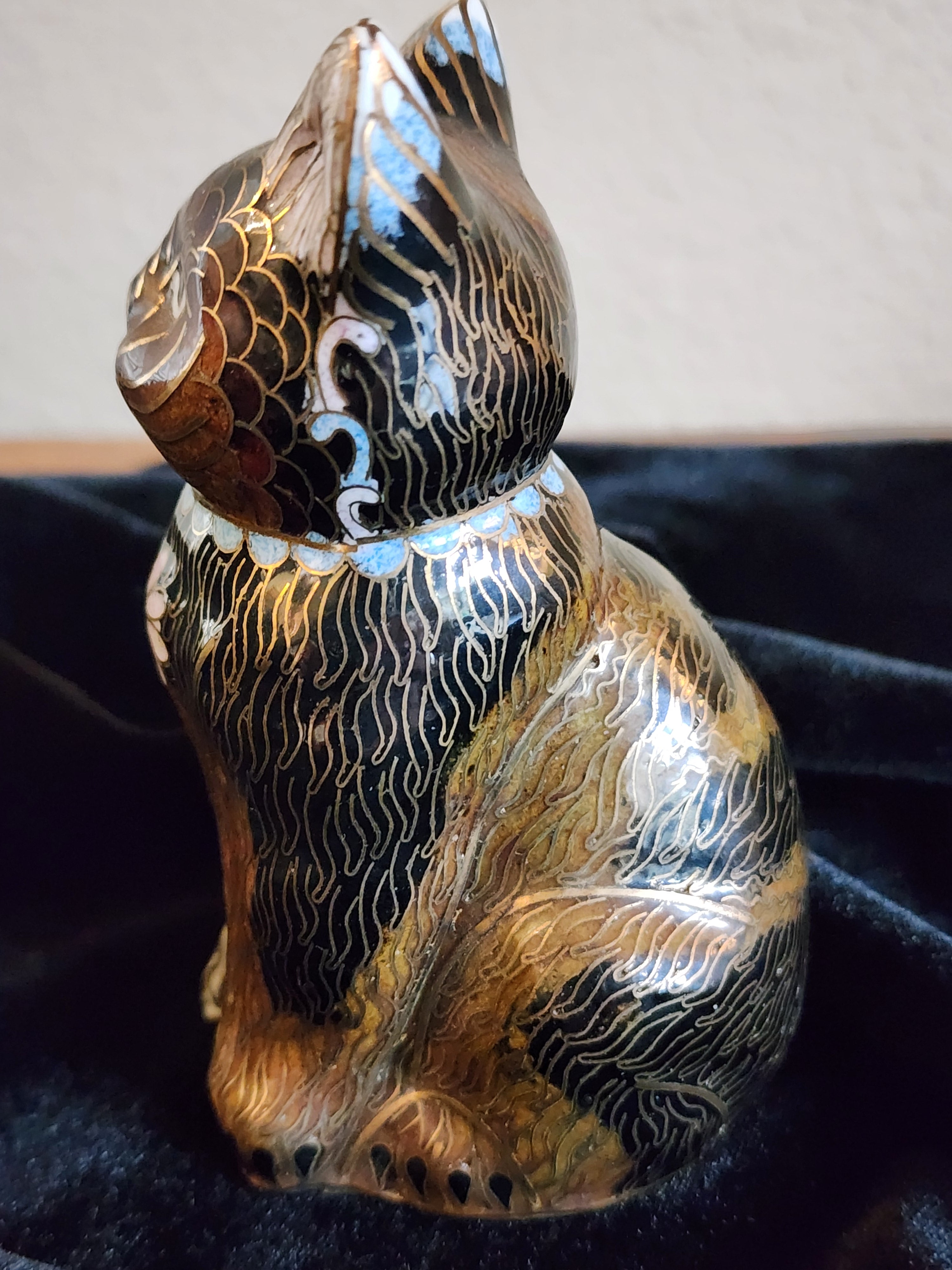 Vintage Chinese Cloisonne Cat Figurine 1970s Black / Brown / Gold