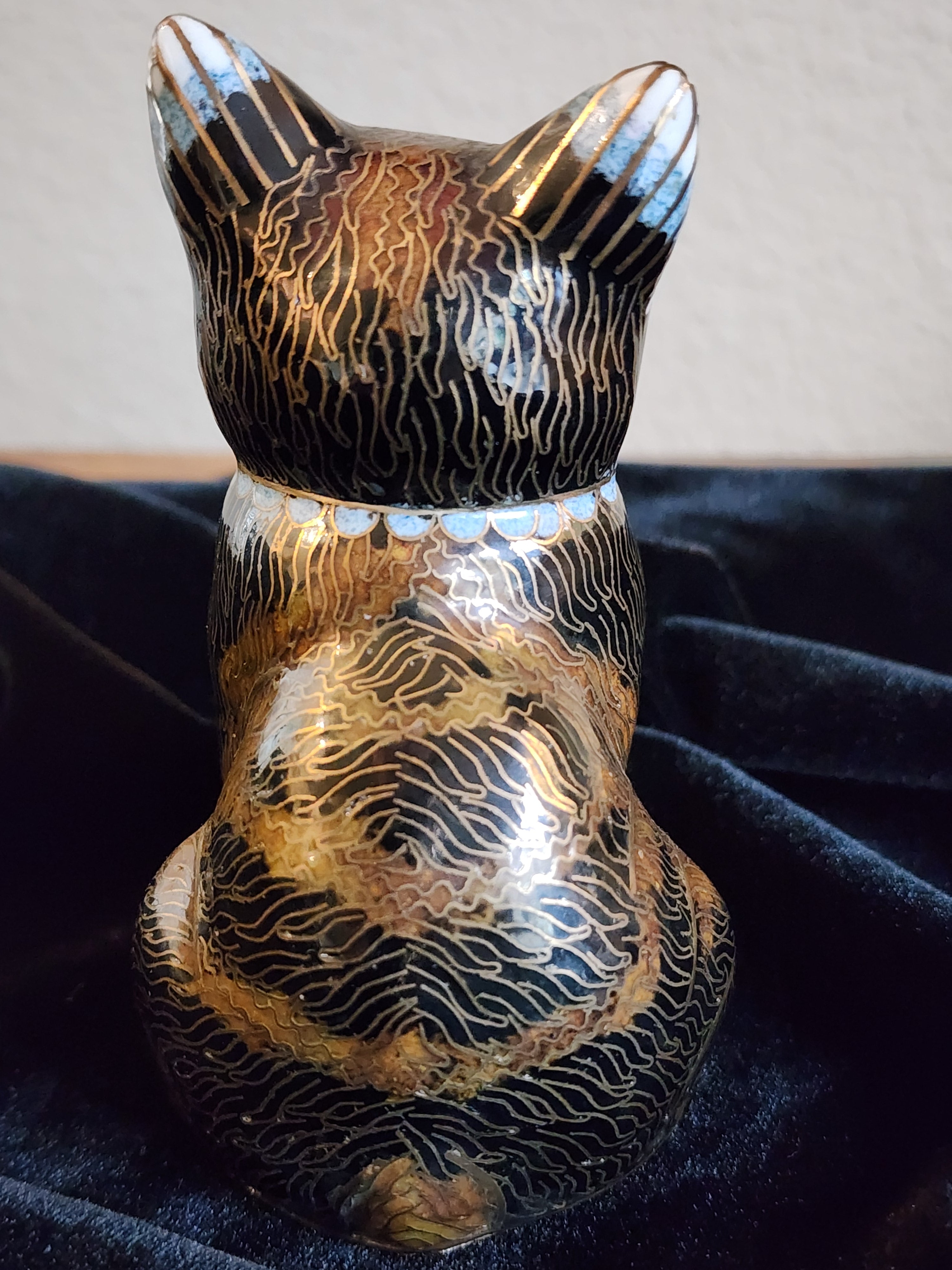 Vintage Chinese Cloisonne Cat Figurine 1970s Black / Brown / Gold