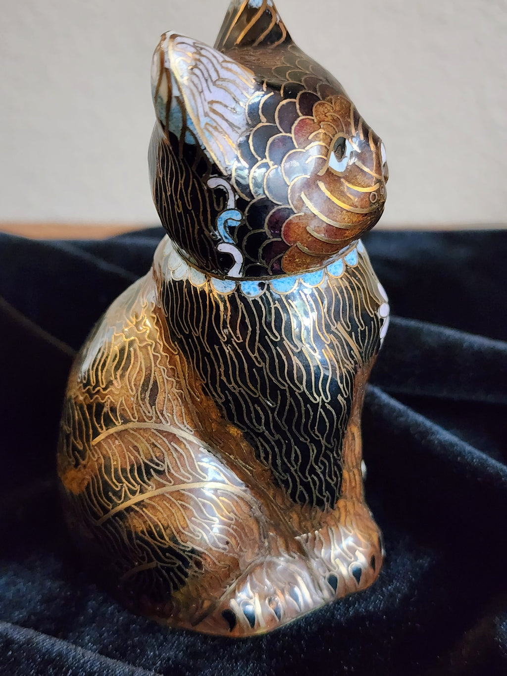 Vintage Chinese Cloisonne Cat Figurine 1970s Black / Brown / Gold