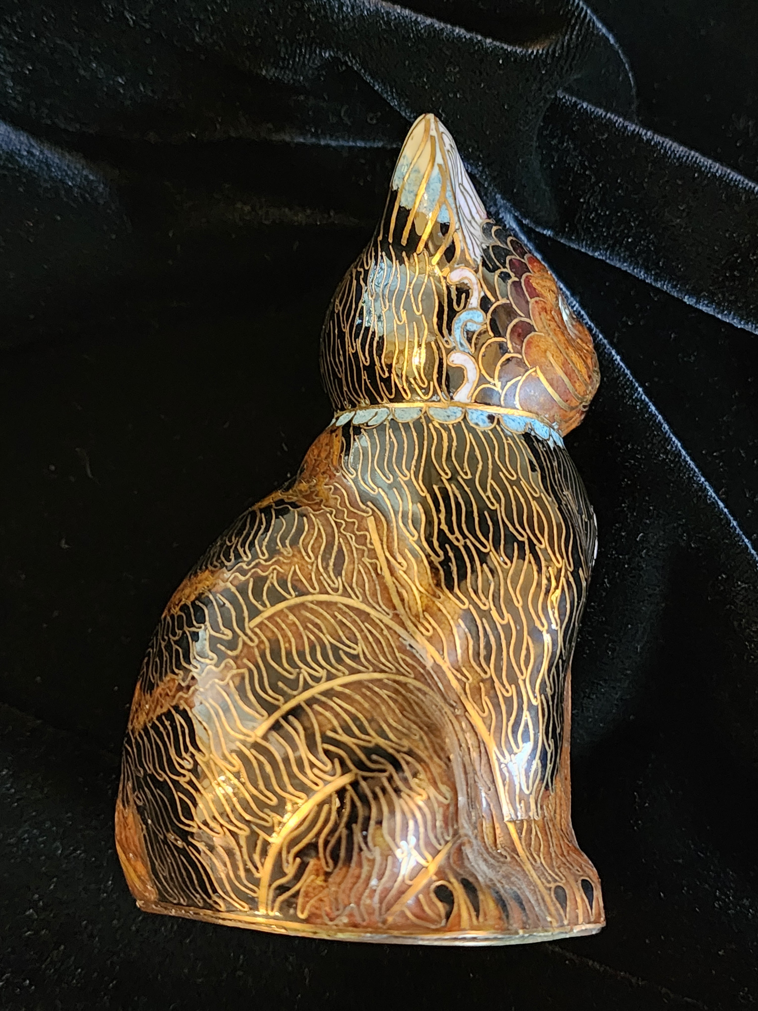 Vintage Chinese Cloisonne Cat Figurine 1970s Black / Brown / Gold