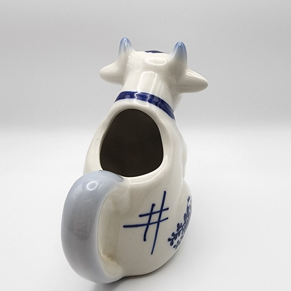 Vintage Hand Painted Ceramic Delft Style Blue / White Seated Cow-Shaped Creamer