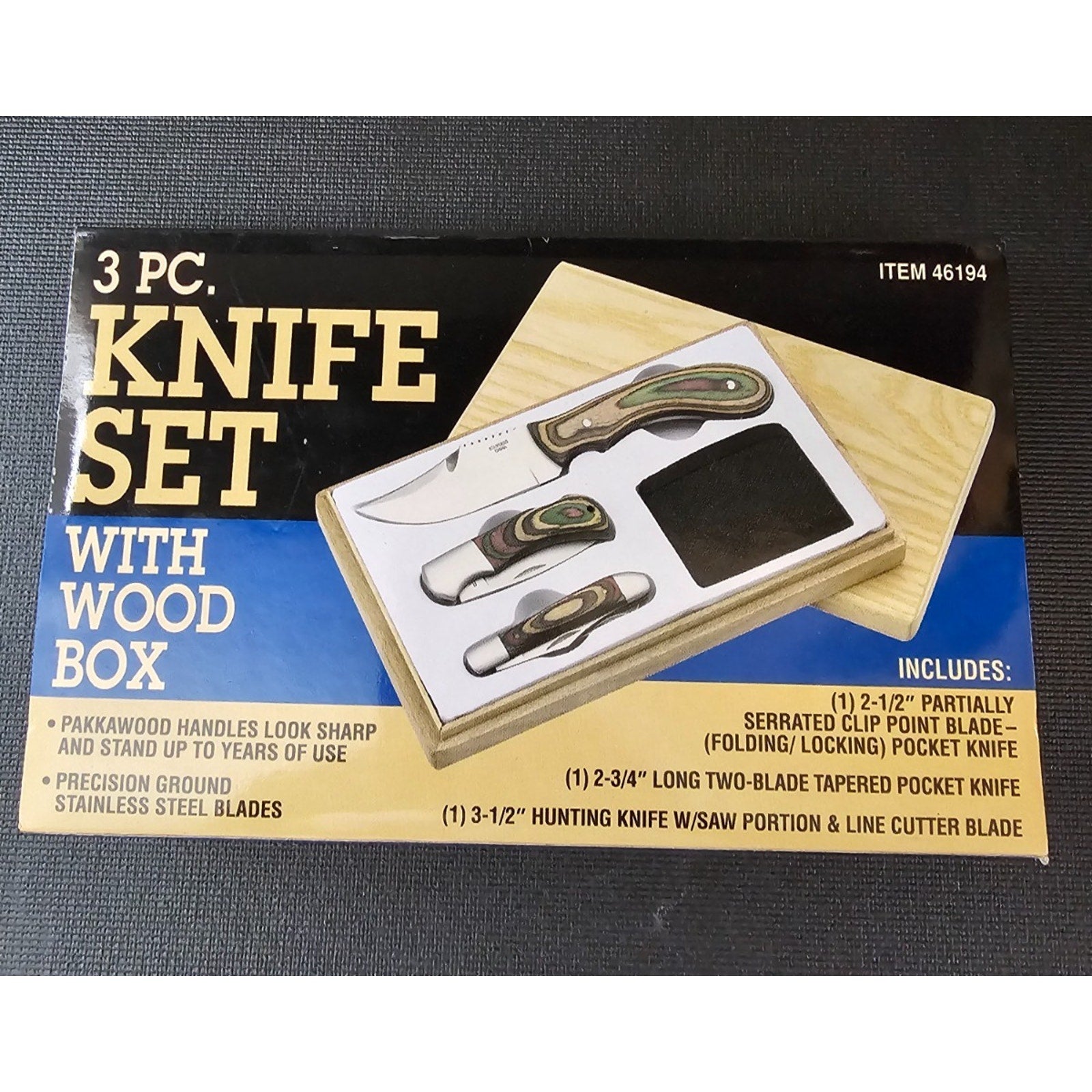 3 pc Knife Set with Wood Box with Pakkawood Handles and Stainless steel blades