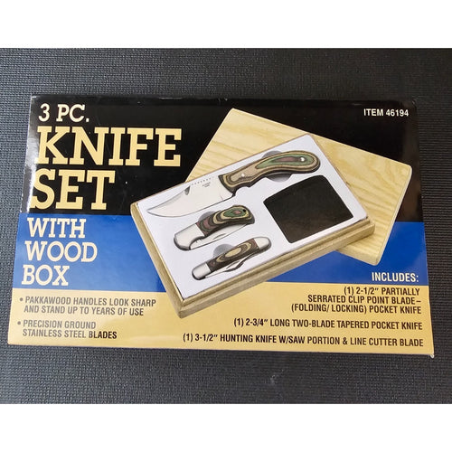 3 pc Knife Set with Wood Box with Pakkawood Handles and Stainless steel blades