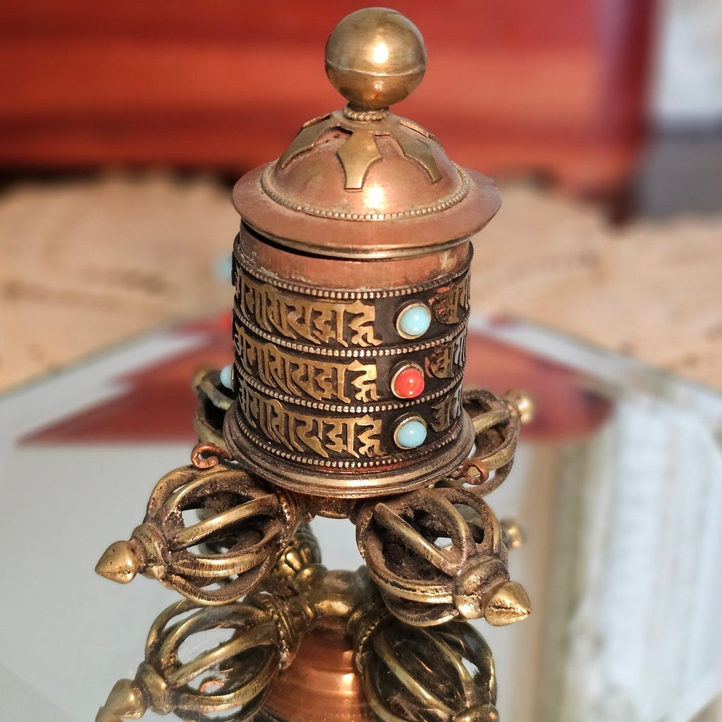 Vintage Tibetan Buddhist Prayer Wheel - Copper / Brass / Embedded Stones