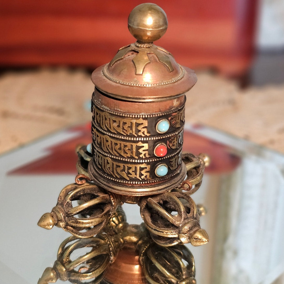 Vintage Tibetan Buddhist Prayer Wheel - Copper / Brass / Embedded Stones