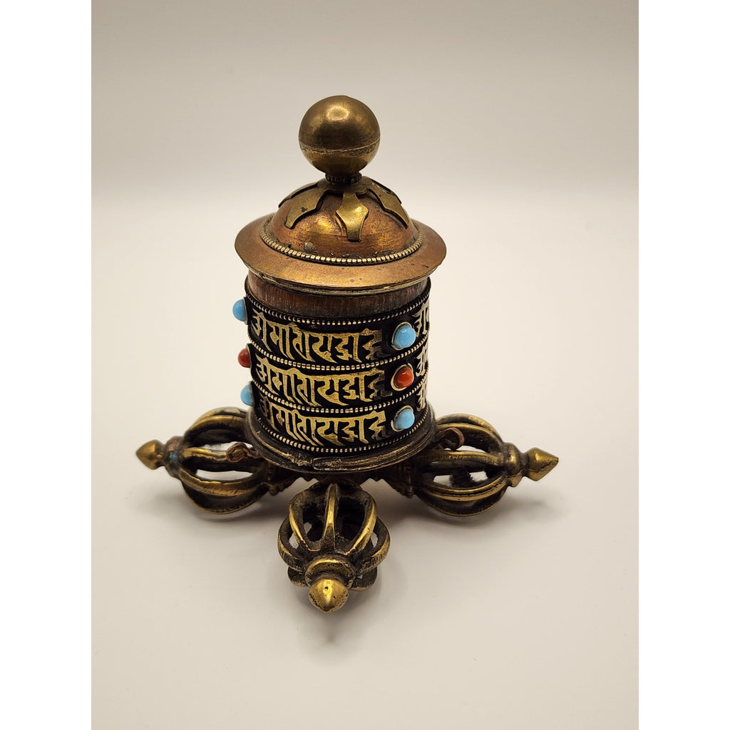 Vintage Tibetan Buddhist Prayer Wheel - Copper / Brass / Embedded Stones