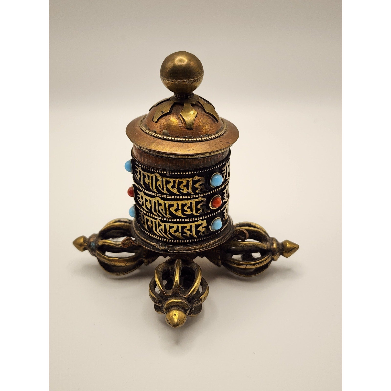 Vintage Tibetan Buddhist Prayer Wheel - Copper / Brass / Embedded Stones