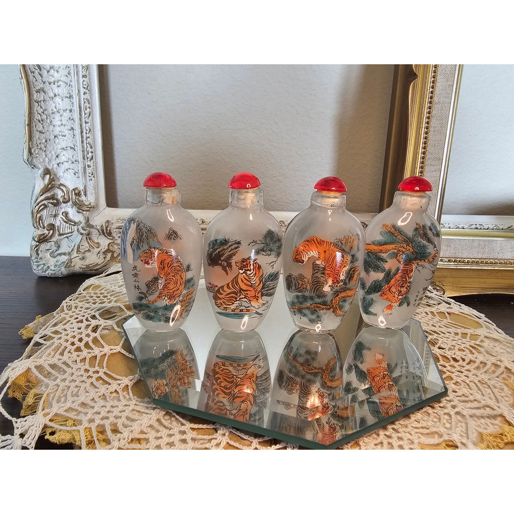 Vintage Chinese Inside-Painted Glass Snuff Bottles – Tiger Theme, Set of 4 with Box