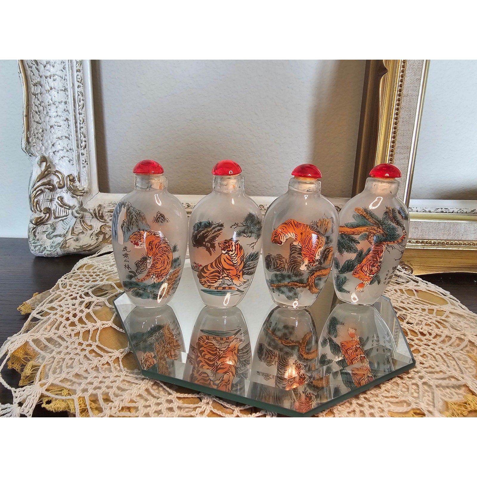 Vintage Chinese Inside-Painted Glass Snuff Bottles – Tiger Theme, Set of 4 with Box