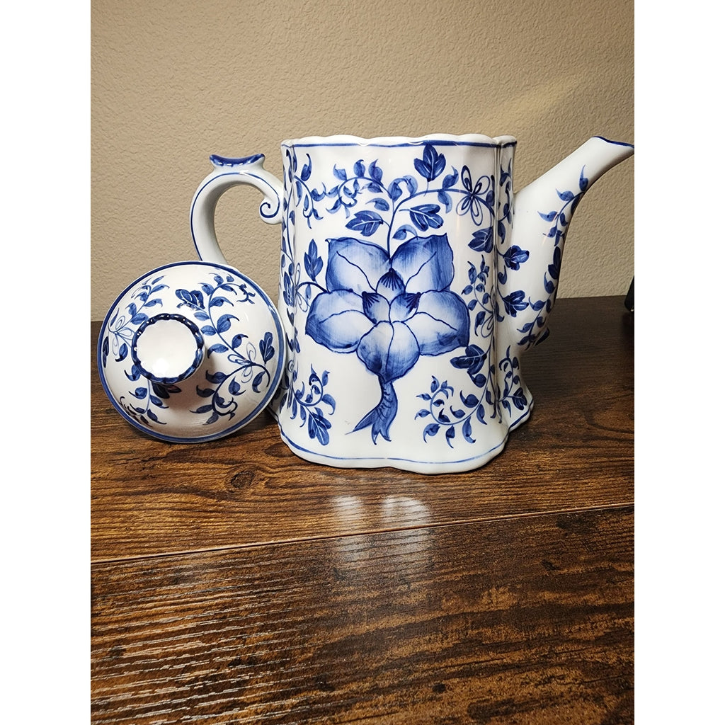 Vintage Andrea by Sadek Blue / White Ceramic Teapot w/ Lotus Floral Pattern