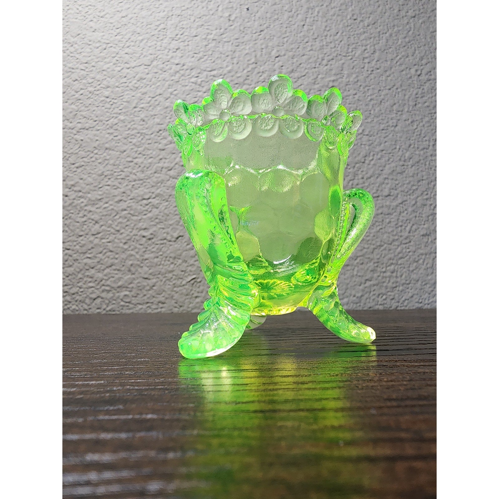 Vintage Boyd Crystal Art Glass Forget Me Not Toothpick Holder - Vaseline Uranium
