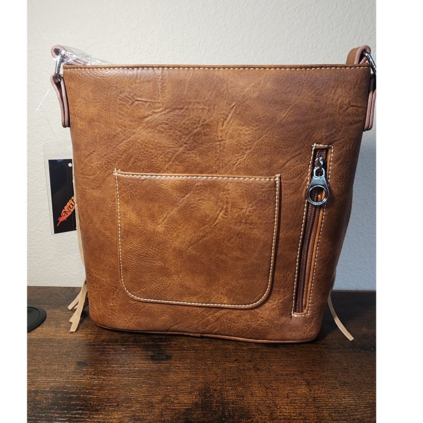 Nativo Brand Western Style Crossbody Bag w/Fringe, Turquoise Stones NWT Cognac